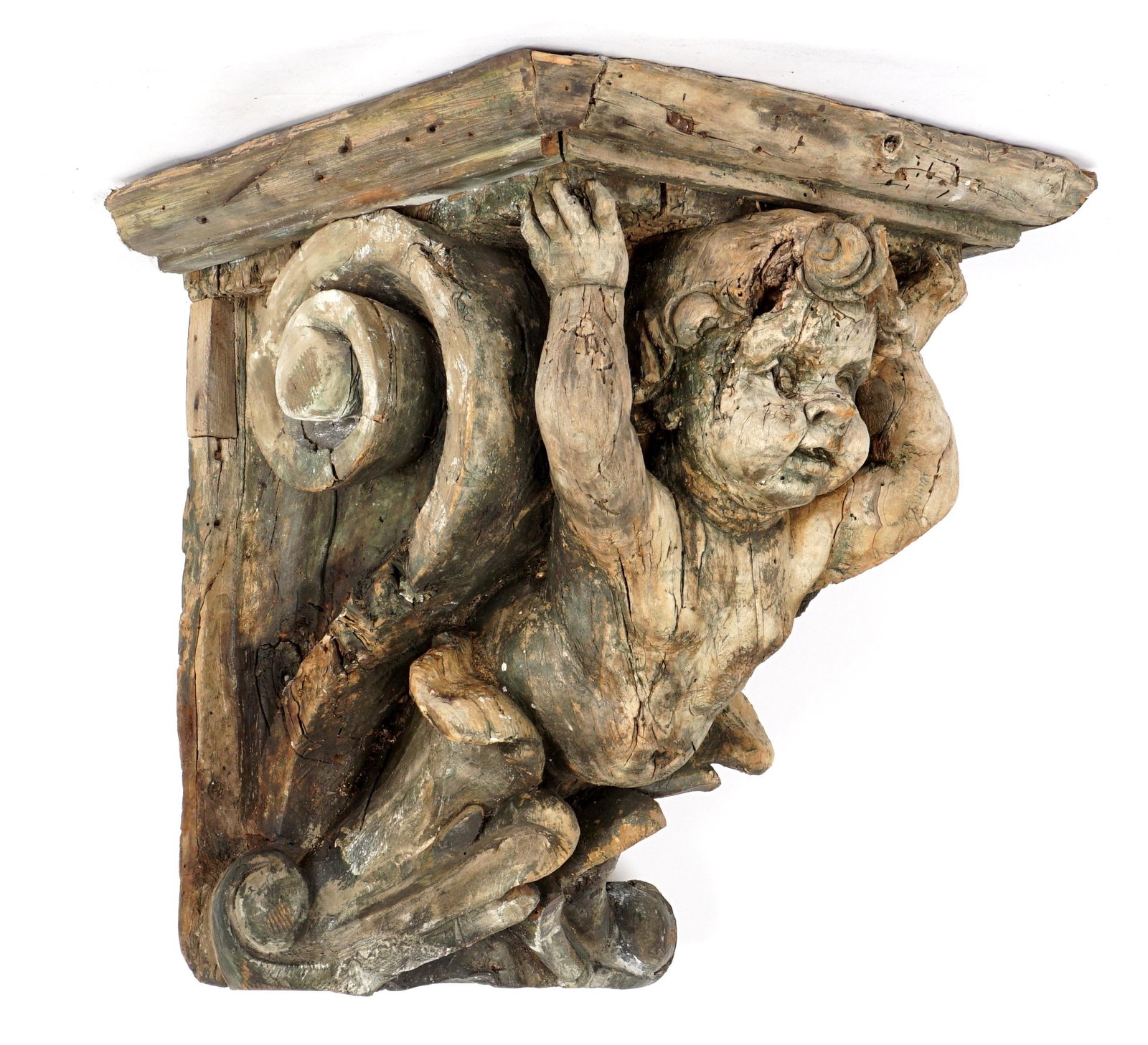 18th/19th C. Italian Carved Figural Putti Corbel: Larger carved wood corbel with figural putti bursting from waves and scroll. Overall measures 18.5" h. x 18.5" x 16.5". Condition: Obvious signs of weather, prior insect damage.