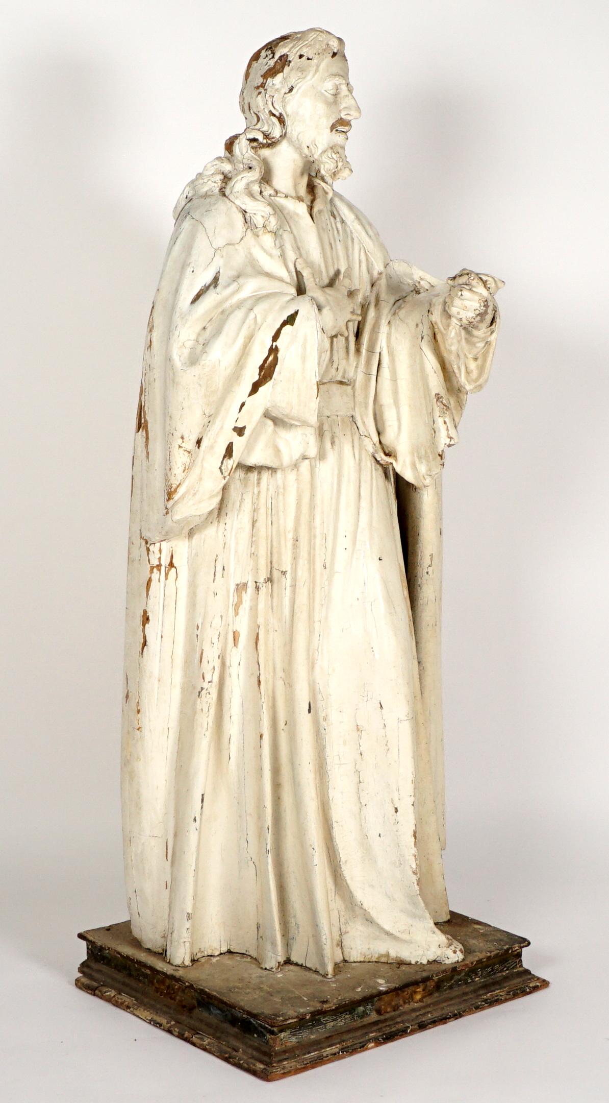 18th/19th C. Life Size Carved Wood Figure of Jesus: 18th / 19th Century carved wood and gesso life size standing figure of Jesus Christ, most likely Italian, affixed to square wood base. Overall measures 71" h. x 18" x 18". Condition: Loss of paint.