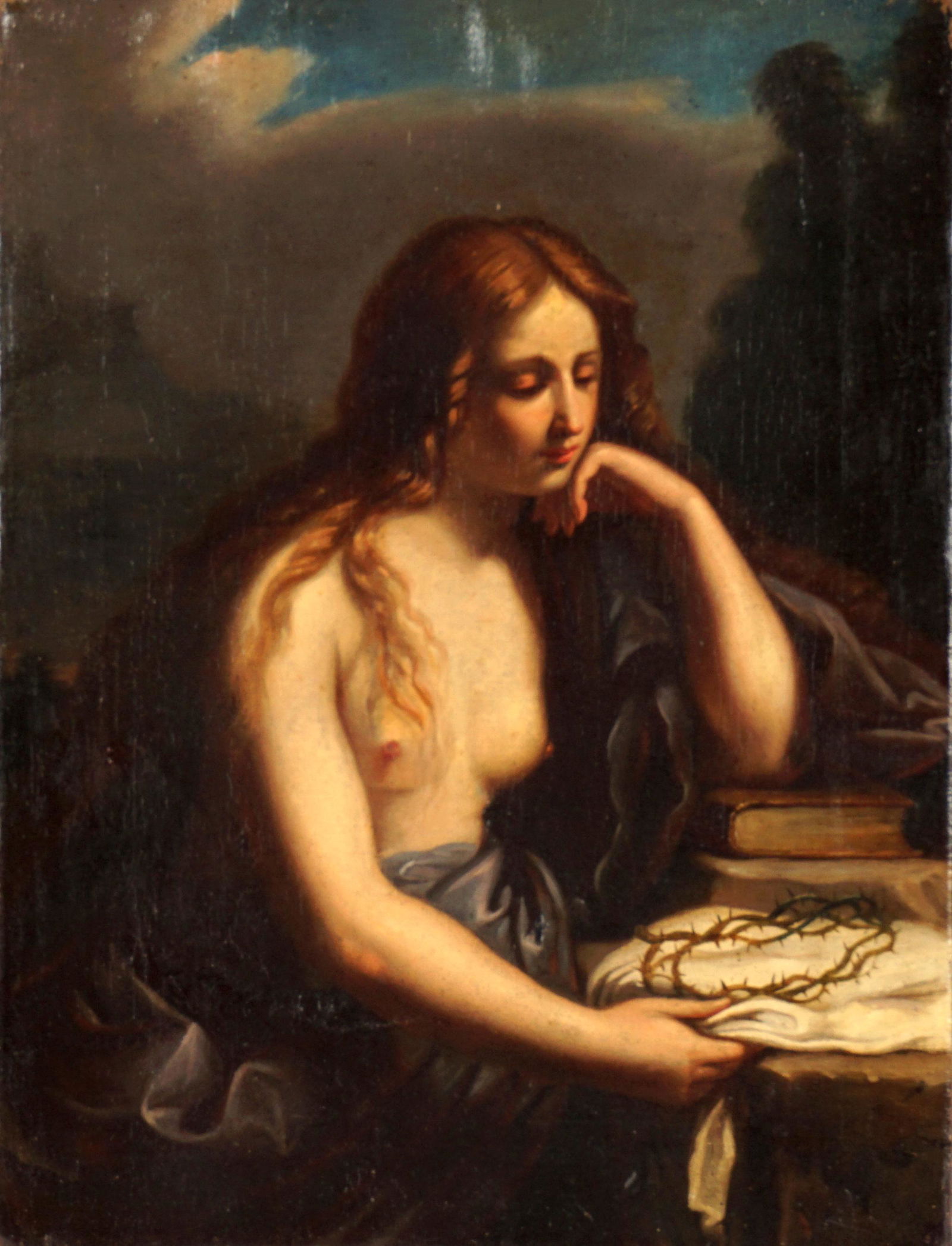 After Guercino The Penitent Magdalene Oil/Canvas: after BARBIERI, Giovanni Francesco, aka GUERCINO, (Italian, 1591-1666): "The Pertinent Magdalene" 18th/19 Century, Oil/Canvas, 19" x 14.5", unframed. Condition: Scattered inpaint, wax relined, re-stre