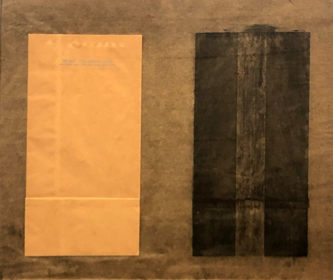 1972 Robert Rauschenberg Tampa #3 Mixed Media: RAUSCHENBERG, Robert, (American, 1925-2008): Tampa #3 from the Made in Tampa series, Mixed Media Lithograph / Paper bag, signed and inscribed USF III '72 lower right, sight size 43.25" x 46.25", frame