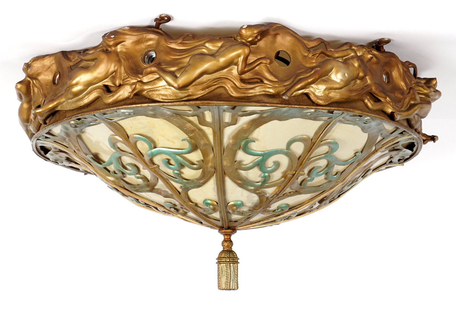 1930's Art Nouveau Cruise Ship Chandelier: Gilt painted top rim with figural nude maidens, ten sockets, over polychrome painted brass foliate frame shade, cream colored plastic inserts, reputedly from a cruise ship of the period, unfortunately