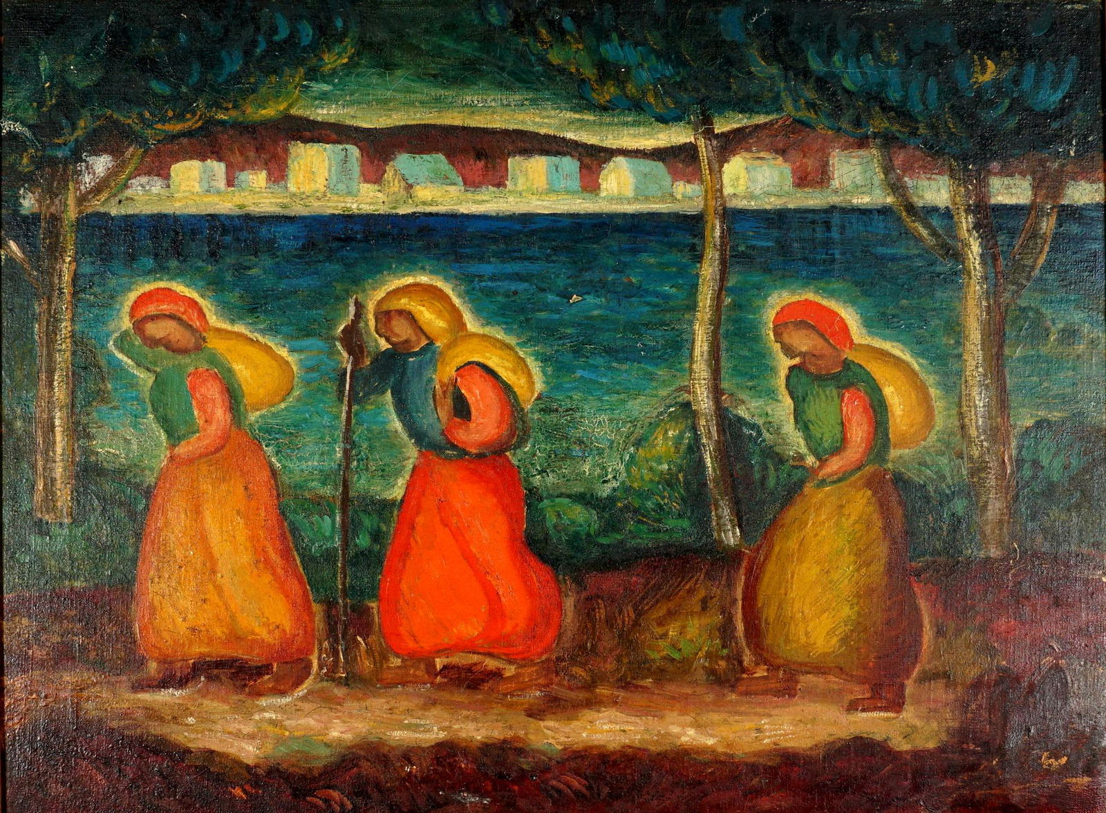 Harmon Award James Lesesne Wells The Wanderers: WELLS, James Lesesne, (American, 1903-1991): Exhibited and Gold Medal award winning "The Wanderers", Oil/Canvas, unsigned, label verso for "Award in Fine Arts and Exhibition, William E. Harmon Awards