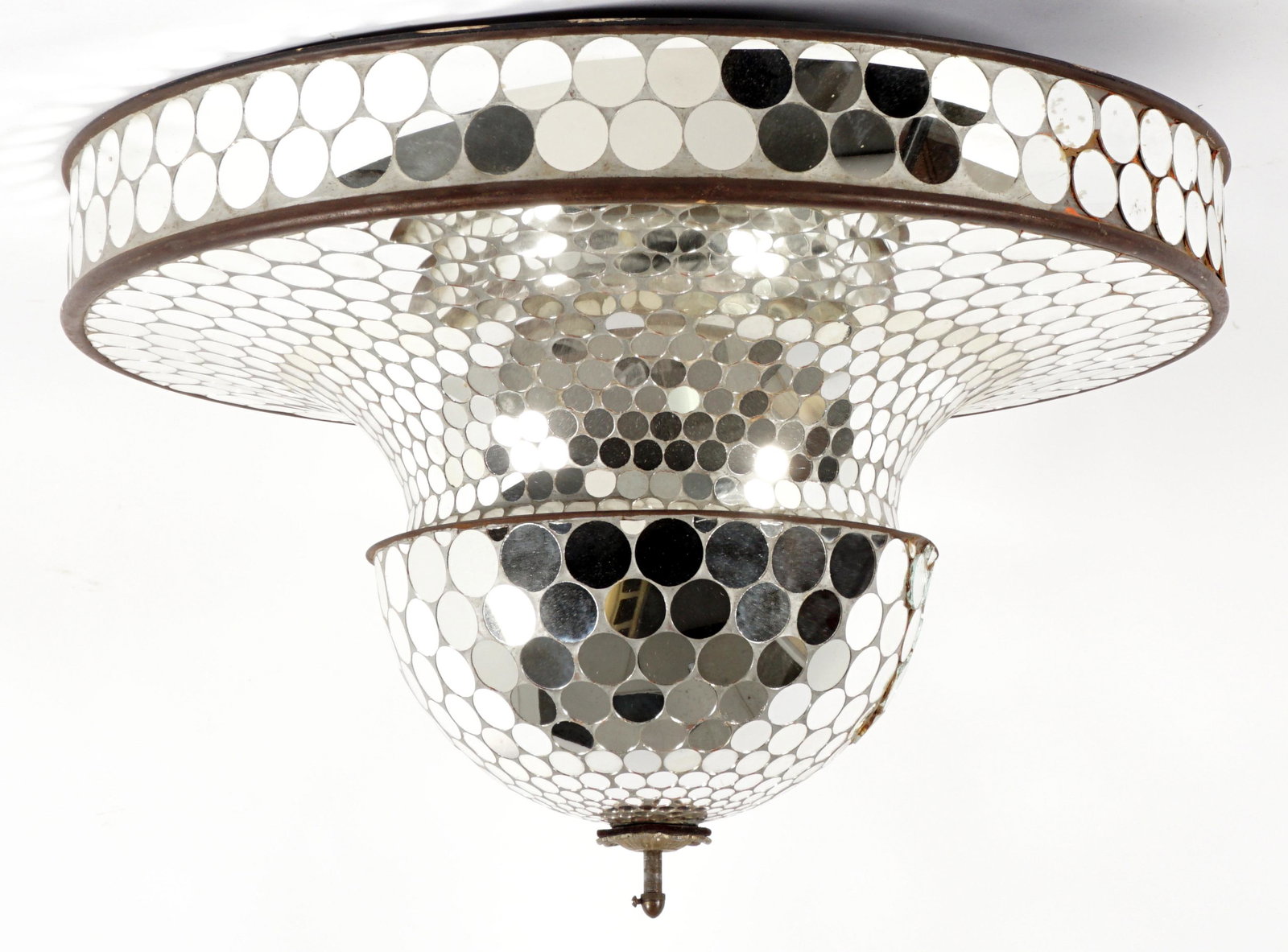 French? Deco Style Motorized Disco Ball: Unusual shaped motorized mirrored ceiling fixture, overall approx. 15.5" x 24". Condition: Several cracked and replaced mirrors, can not determine motor functionality.