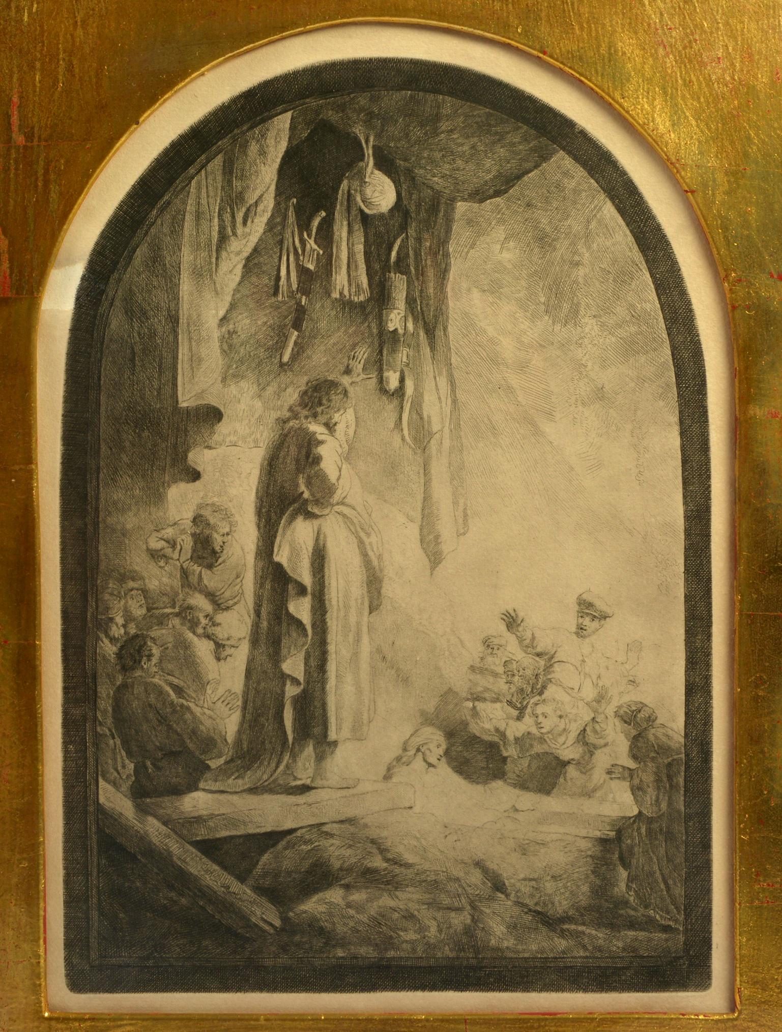 after Rembrandt Raising of Lazarus Etching: after VAN RIJN, Rembrandt, (Dutch, 1606-1669): "Raising of Lazarus", Etching, impression size 14.25" x 10", framed in burl wood and ebonized frame, 32.5" x 27.5". Condition: Impression / repair upper