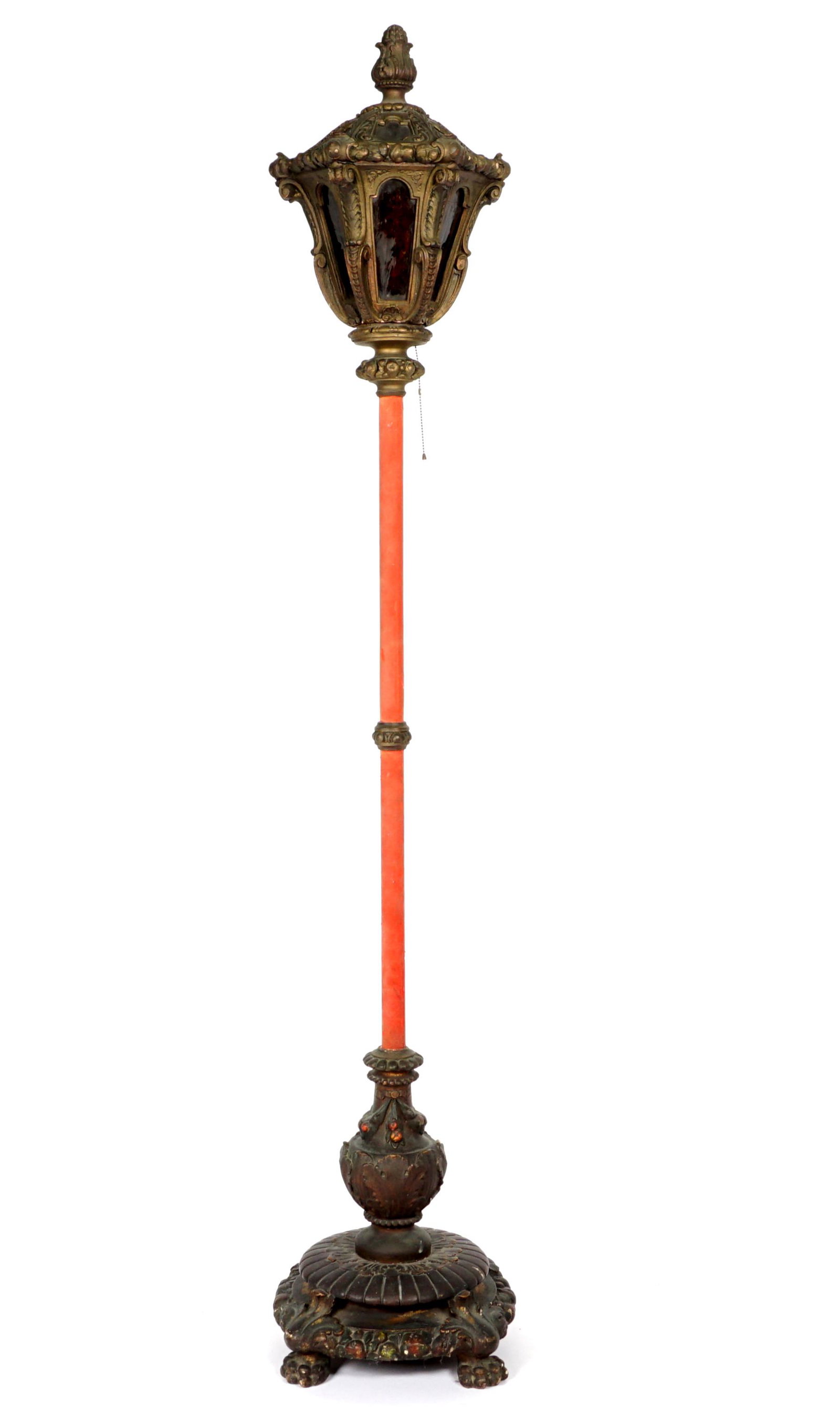 Early 20th Century Torchier / Floor Lamp: Composite construction shade with reverse painted glass panels, felt covered shaft, composite base, overall 78" h. x 15" x 15". Condition: Chips and loss to composite, loss of felt to shaft.