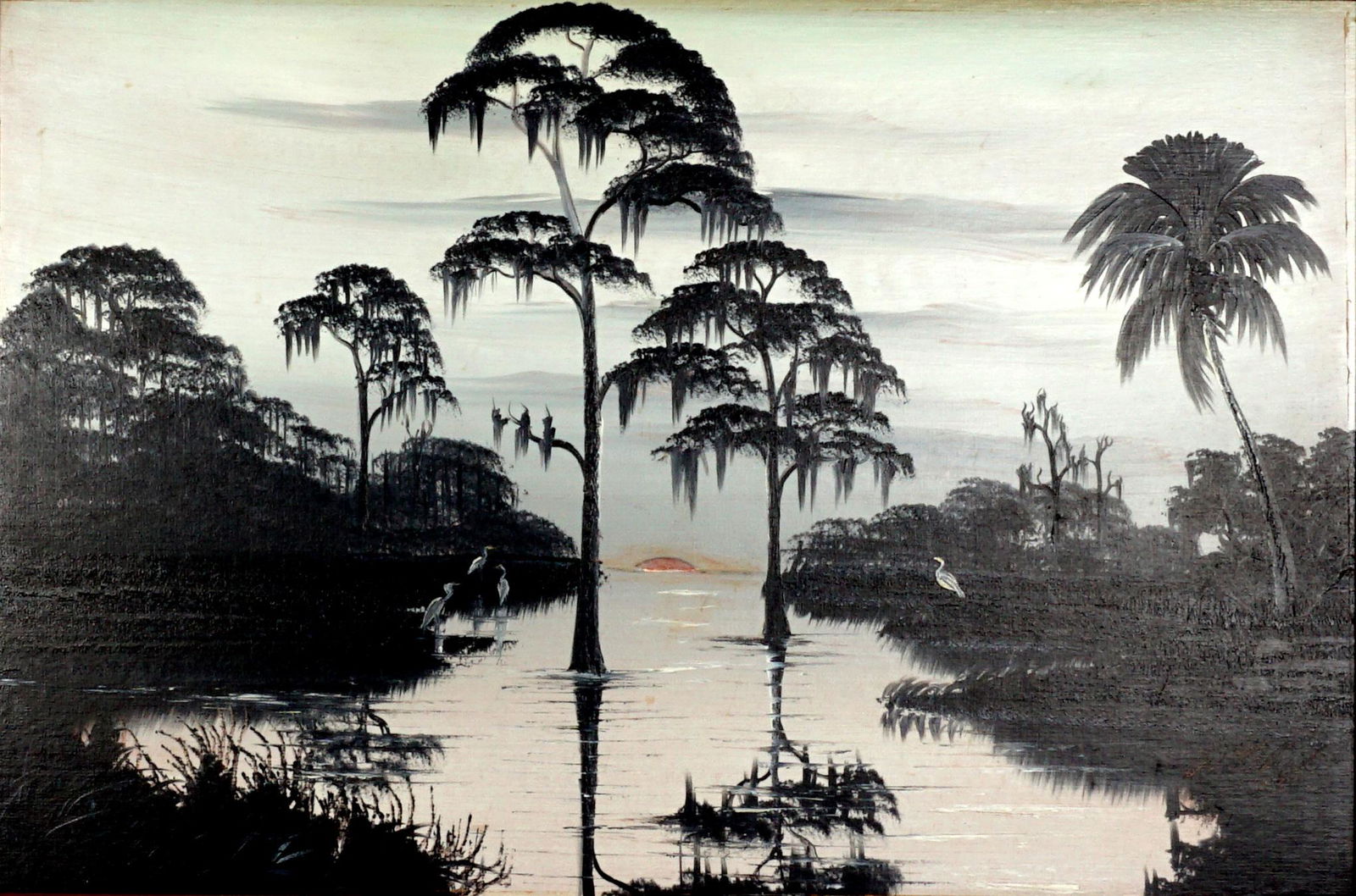 1983 Al Black Florida Highwaymen Sunrise Painting: BLACK, Al, (American, 20th Century): Monochromatic St. Lucie River scene with hint of color on daybreak sun, Oil/Upson, signed and dated '83 lower right, 24" x 36", framed 28" x 41". Condition: Frame