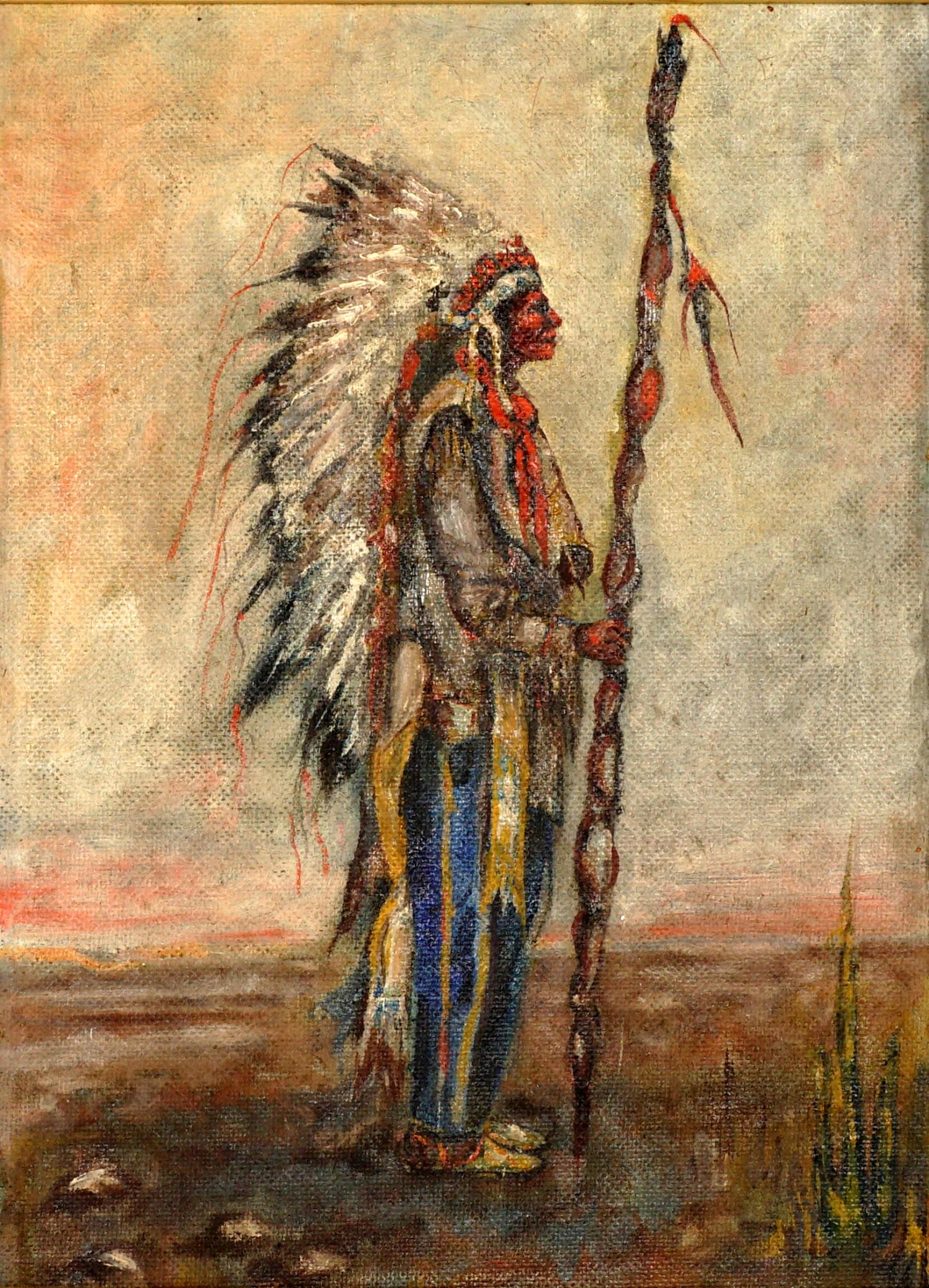 1932 Walter Keenan Portrait of Old Standing Bear: KEENAN, Walter, (American, 20th Century): "Old Standing Bear A Sioux Indian", Oil/Masonite, signed titled, and dated verso, 16" x 11.5", framed 18.25" x 14.25". Condition: Chips to Masonite on edges.