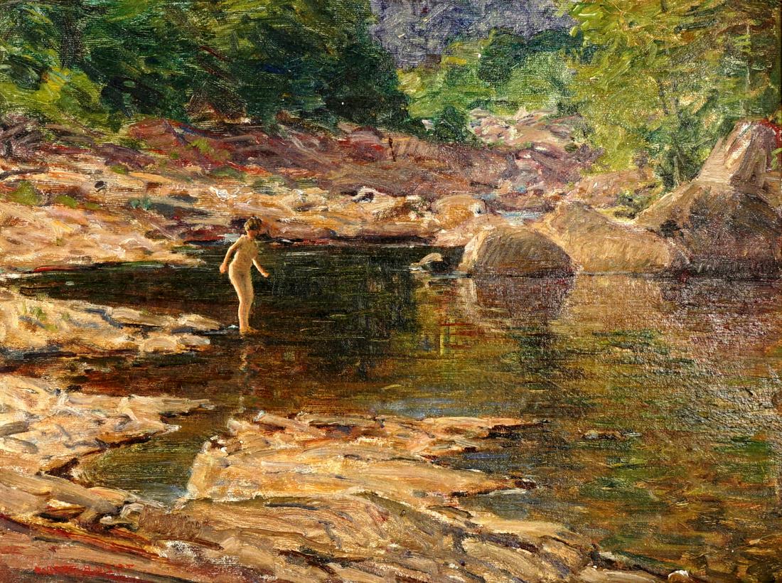 Robert Hogg Nisbet The Pool Nude at Rivers Edge: NISBET, Robert Hogg, (American 1879-1961): "The Pool", scene of a nude woman at rivers edge, Oil/Canvasboard, signed lower left, signed and titled verso twice with partial address, 12" x 16", framed 1