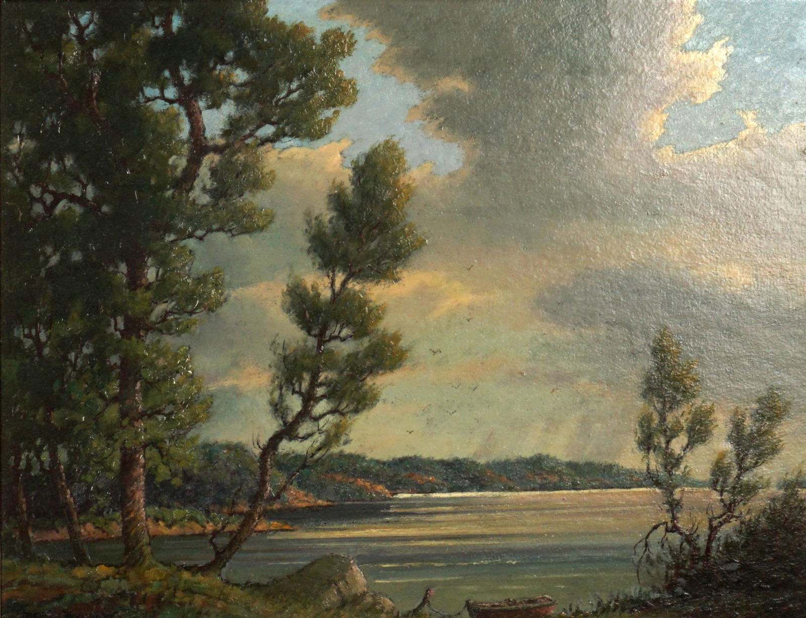 Benson Bond Moore On the Upper Potomac Painting: MOORE, Benson Bond, (American, 1882-1974): "On the Upper Potomac", Oil/Board, signed lower left, titled verso, 14" x 18", framed 19.25" x 23".