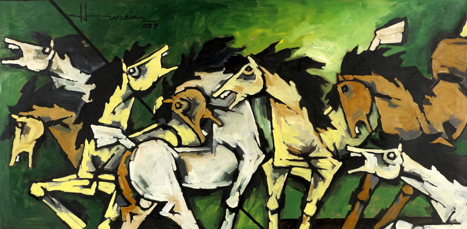 2007 Maqbool Fida Husain Large Horses Painting: HUSAIN, Maqbool Fida, (India, 1915-2011): Large untitled composition depicting seven horses, Oil/Canvas, signed upper left and dated 007, 36" x 71.5", unframed. Provenance: Acquired directly from the
