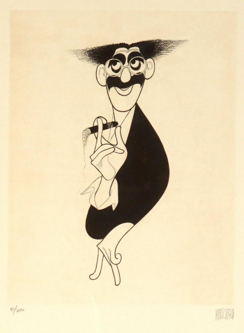 Al Hirschfeld Groucho Marx Etching: HIRRSCHFELD, Al, (American, 1903-2003): Groucho Marx, Etching, pencil signed lower right, inscribed 41/200 lower left, plate size 12.5" x 9.75", framed 21.5" x 16.25".