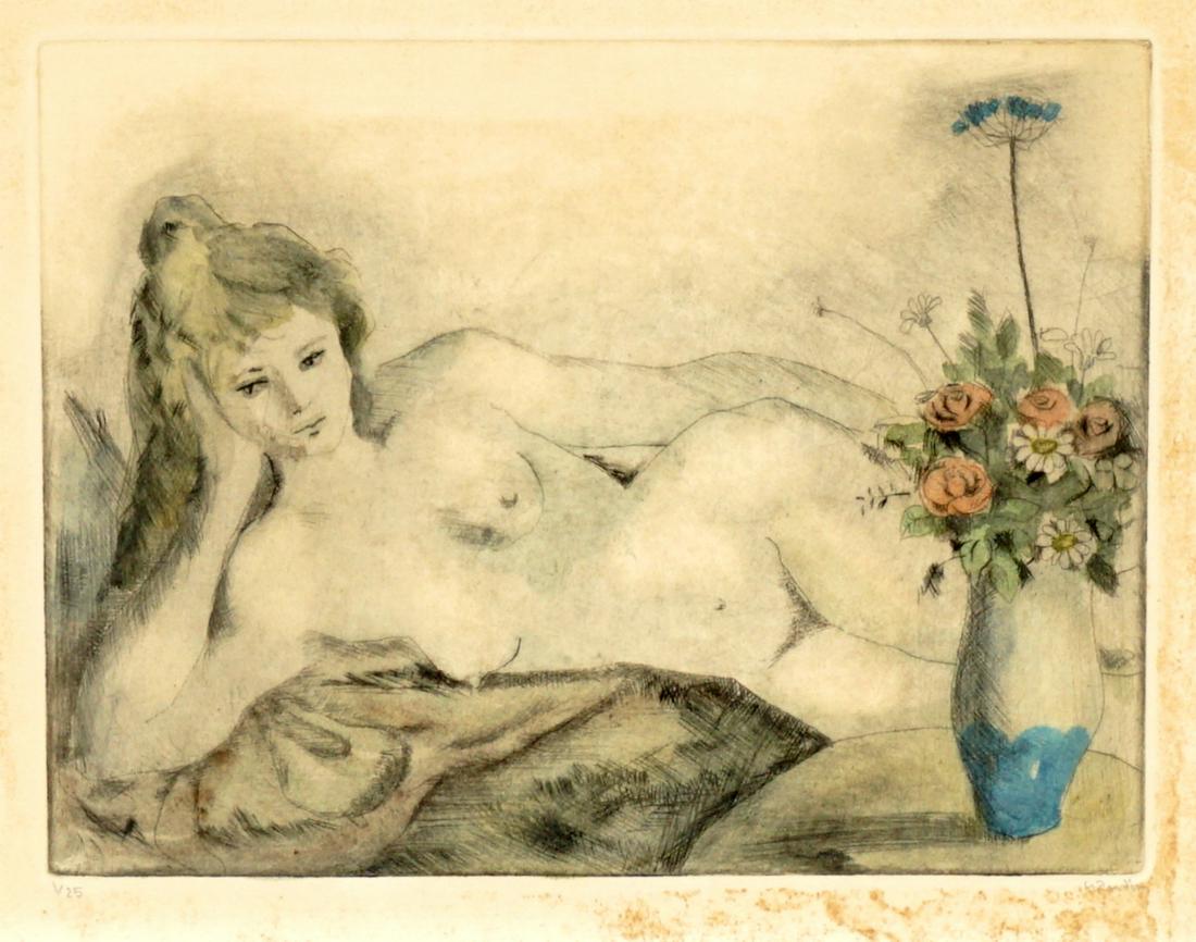 Nude Woman Aquatint Etching Signed Rodin: attributed RODIN, Auguste, (French, 1840-1917): Reclining nude woman with flower vase Etching/Aquatint/Paper, pencil signed lower right, numbered 1/25 lower left, plate size 6.5" x 8.5", framed 13.25"
