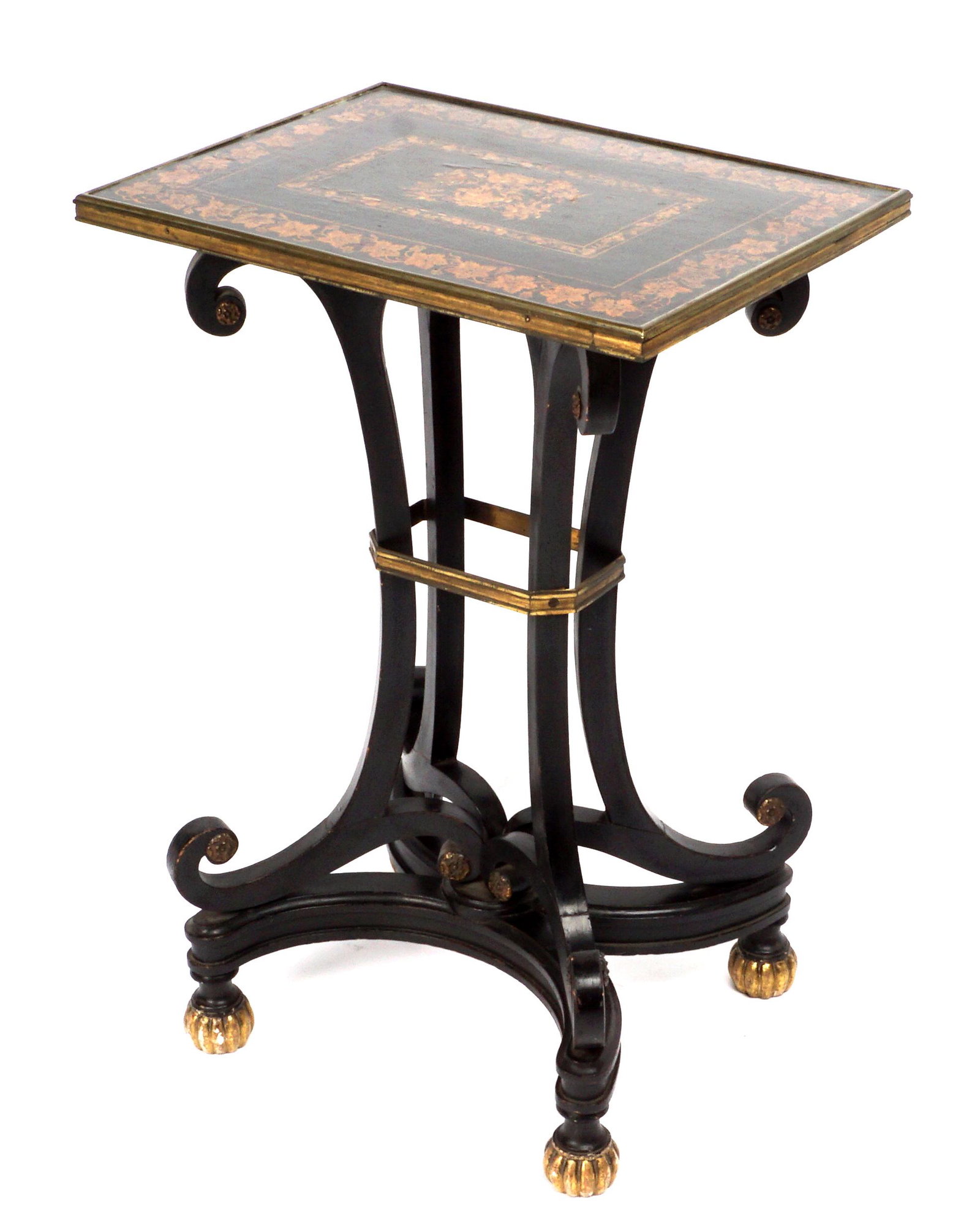 English Regency Marquetry Inlaid Side Table: Ebonized top, center jardiniere and floral decoration, two border bands with foliate scroll, brass trim. ebonized scroll supports, on gilt fluted feet. Overall 28" h. x 19" x 14". Condition, Scratches