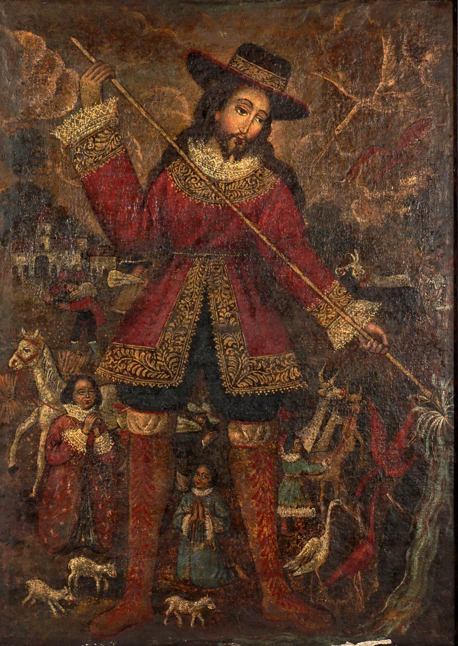 Cuzco School Saint Maxentius? Painting: Image of Saint Maxentius with a spear piercing the ground to produce water, no visible signature, Birmingham Gallery Inc. label verso, 31" x 22.25", framed 33.25" x 24.5". Condition: Paint flake and l
