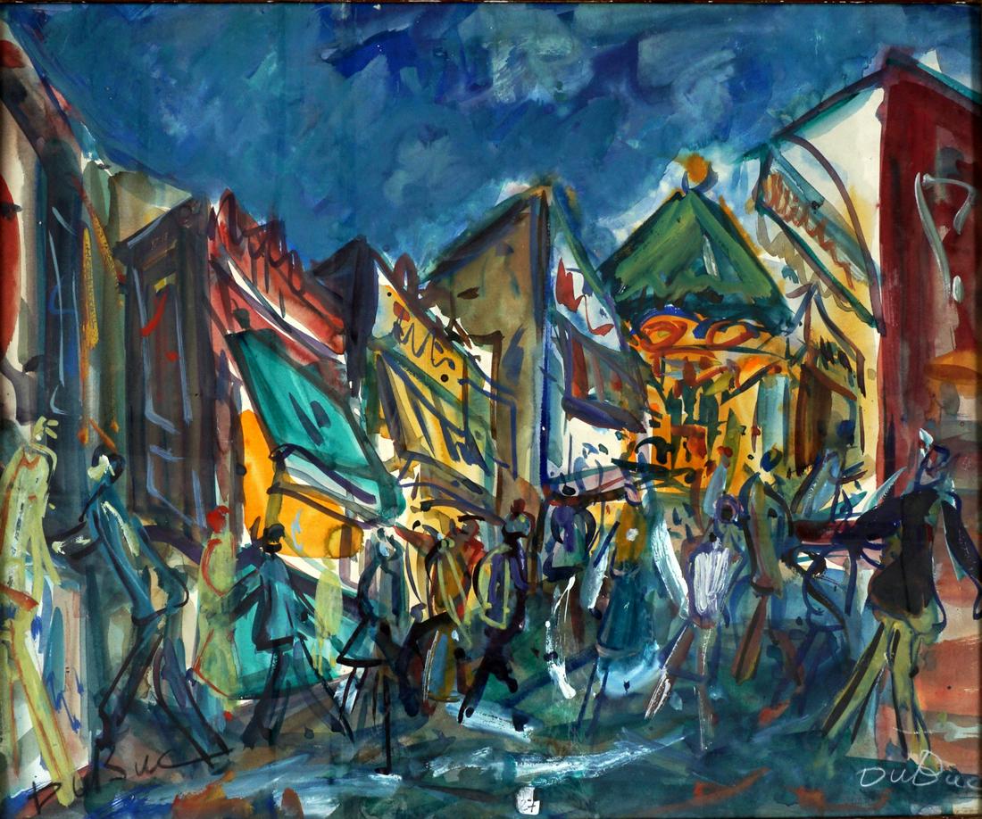 Roland Dubuc Parisian Gouache Painting: DUBUC, Roland, (French, 1924-1998): Impressionist Parisian town scene with building and figures, Gouache/Watercolor/Board, signed two times, lower right and left, 20" x 24", framed 23" x 27". Conditio