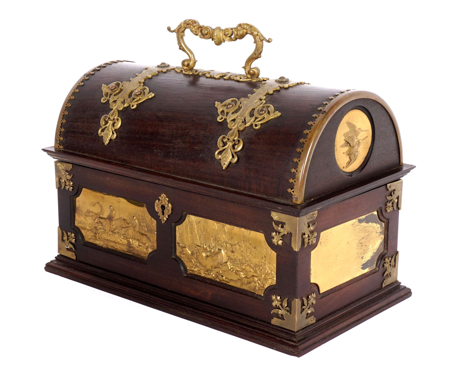 Mahogany and Brass Humidor / Dresser Box: Hinged dome lid with handle and bronze accents, embossed brass bird medallions either side. Body with embossed brass hunt and game scene panels on front, exotic wood interior. overall 9.5" h. x 12" x