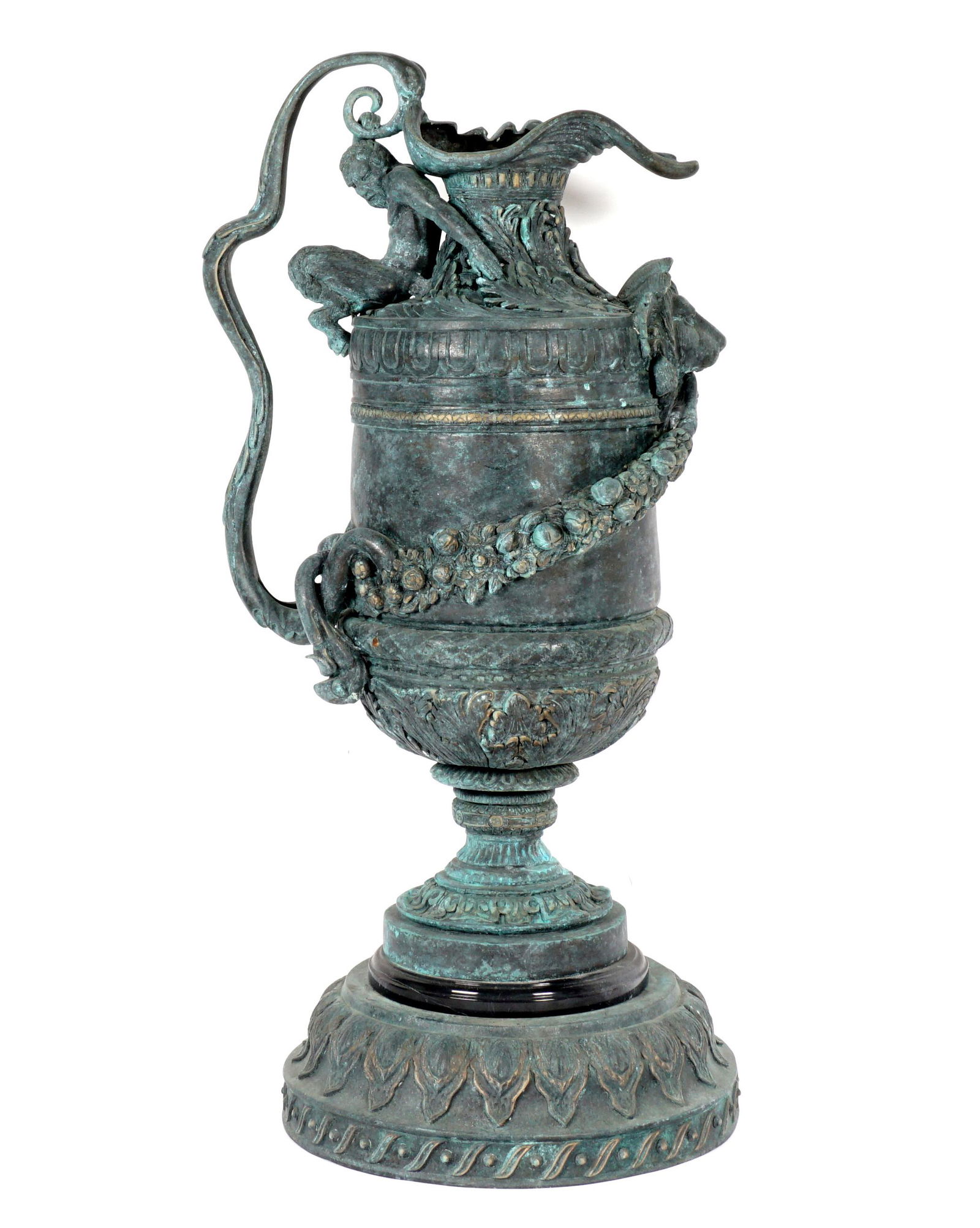 Maitland Smith Bronze Neoclassical Garden Urn: Heavy cast bronze neoclassical motif, figure of pan holding handle, lion masqueron with garland in mouth, overall 42.5" h. x 19.5". Condition: Obvious verdigris and weathering.