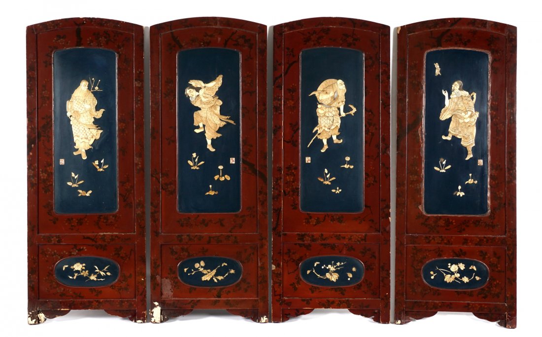 Four 19th. C. Japanese Bone Inlaid Wall Panels: Meiji period red lacquer panels with applied carved bone figures and floral motifs. Painted bamboo and floral designs verso. Each panels measures 52.5" x 20.25". Condition: Multiple chips to lacquer f