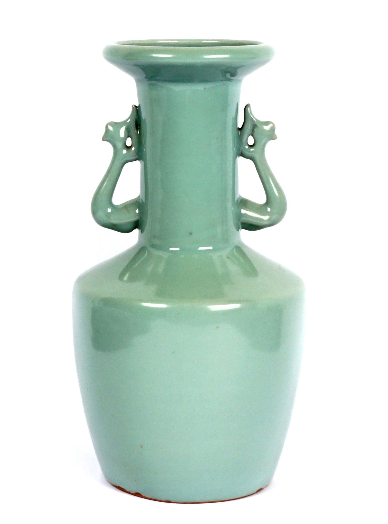 Chinese Longquan Style Celadon Mallet Vase: Late Qing celadon mallet vase in the Longquan style, applied stylized dragon handles, unglazed base, 13.5" h. x 7.25". Condition: Hairlines to handles.