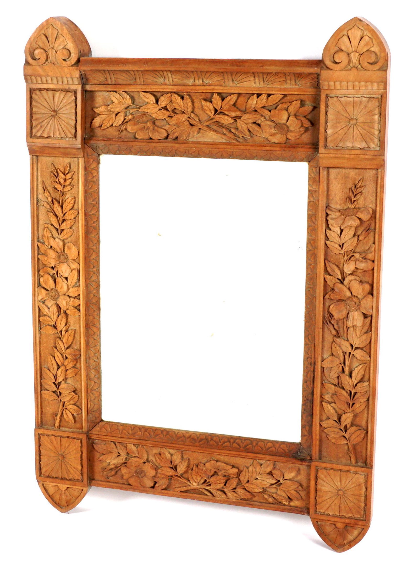 Arthur G Grinnell Aesthetic Movement Wall Mirror: Heavy carved frame with foliate and floral motif, signed on back A. G. Grinnell, and dated Sep. 1880. Grinnell was a member and treasurer of the Boston Society of Arts & Crafts. Overall measures 44" h