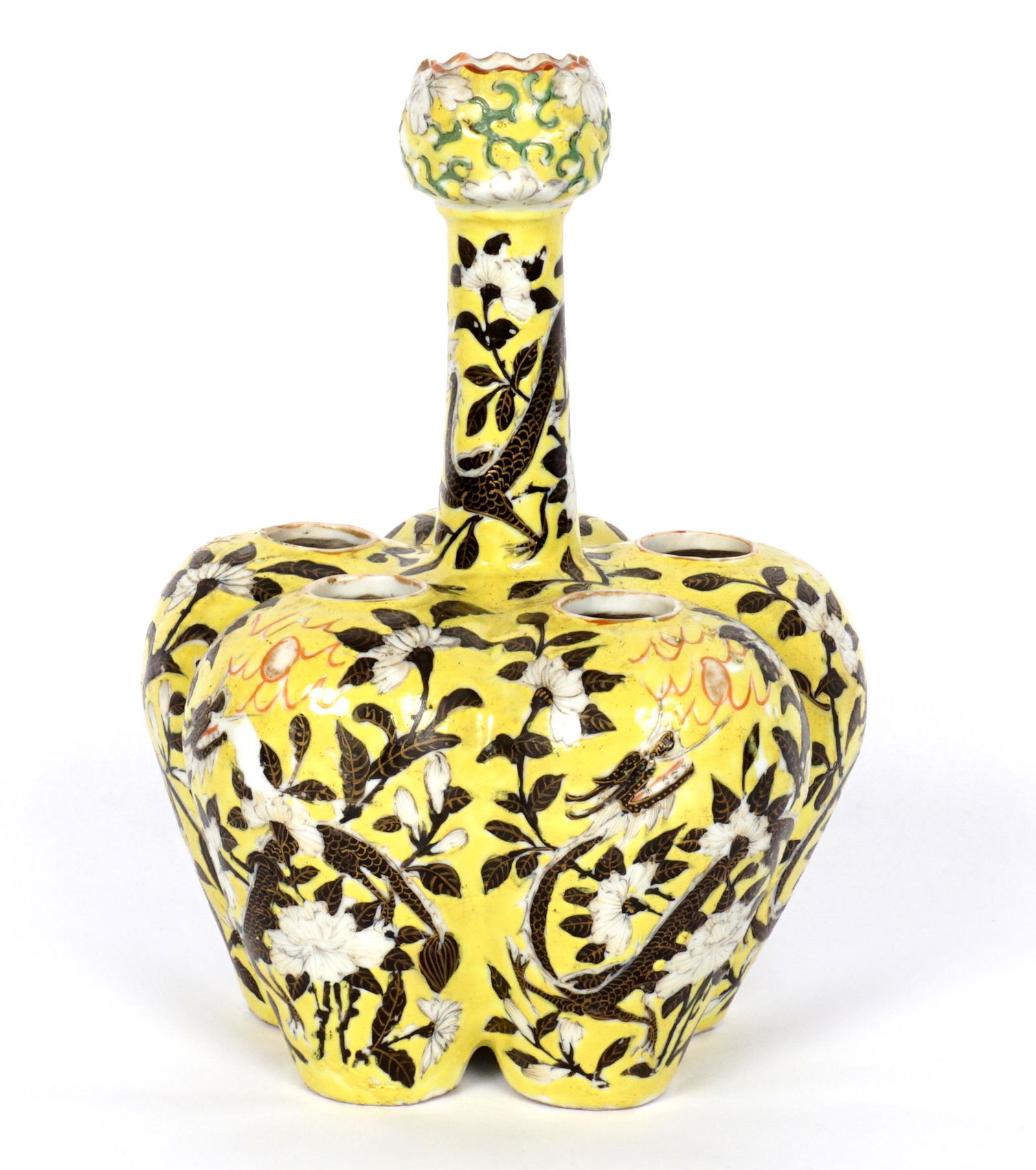 Unusual Chinese Bulbous Floriform Body Vase: Late 19th / early 20th Century, famille jaune decorated with dragons and flowers, tall thin neck with lotus blossom mouth. Bulbous floriform body with five openings, unmarked. Condition: Loss of decor