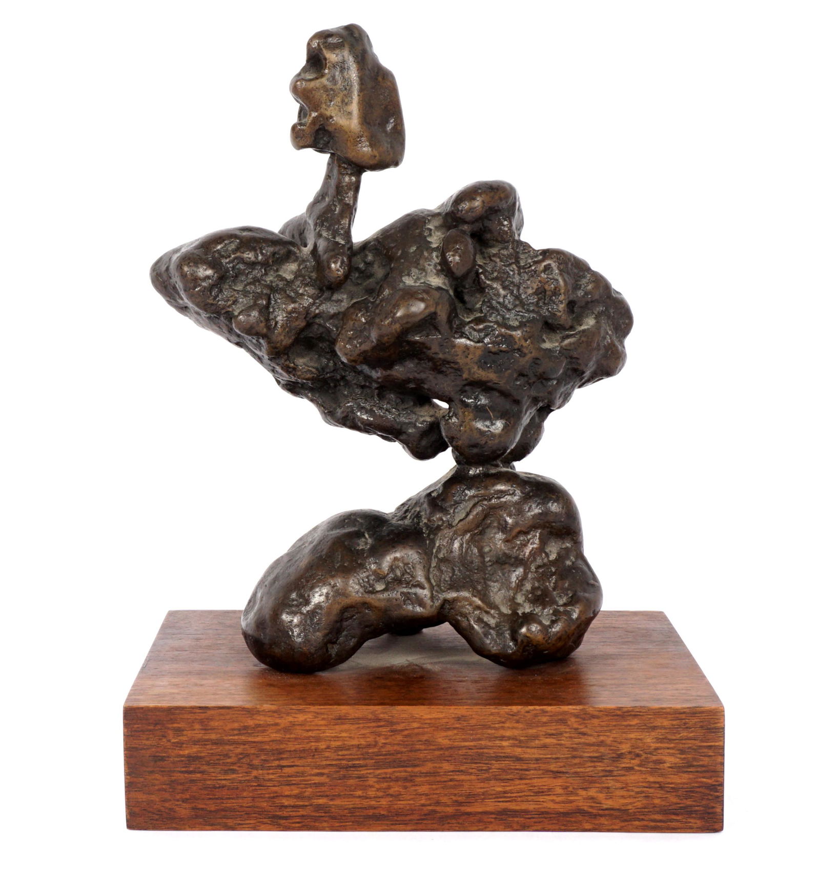 Attrib. Milton Ratner Abstract Bronze Sculpture: Attributed RATNER, Milton, (American, 20th Century): Untitled abstract bronze, no visible signature, older label on base of wood plinth identifying piece as Ratner's work. Bronze measures 9.5" h. x 7"