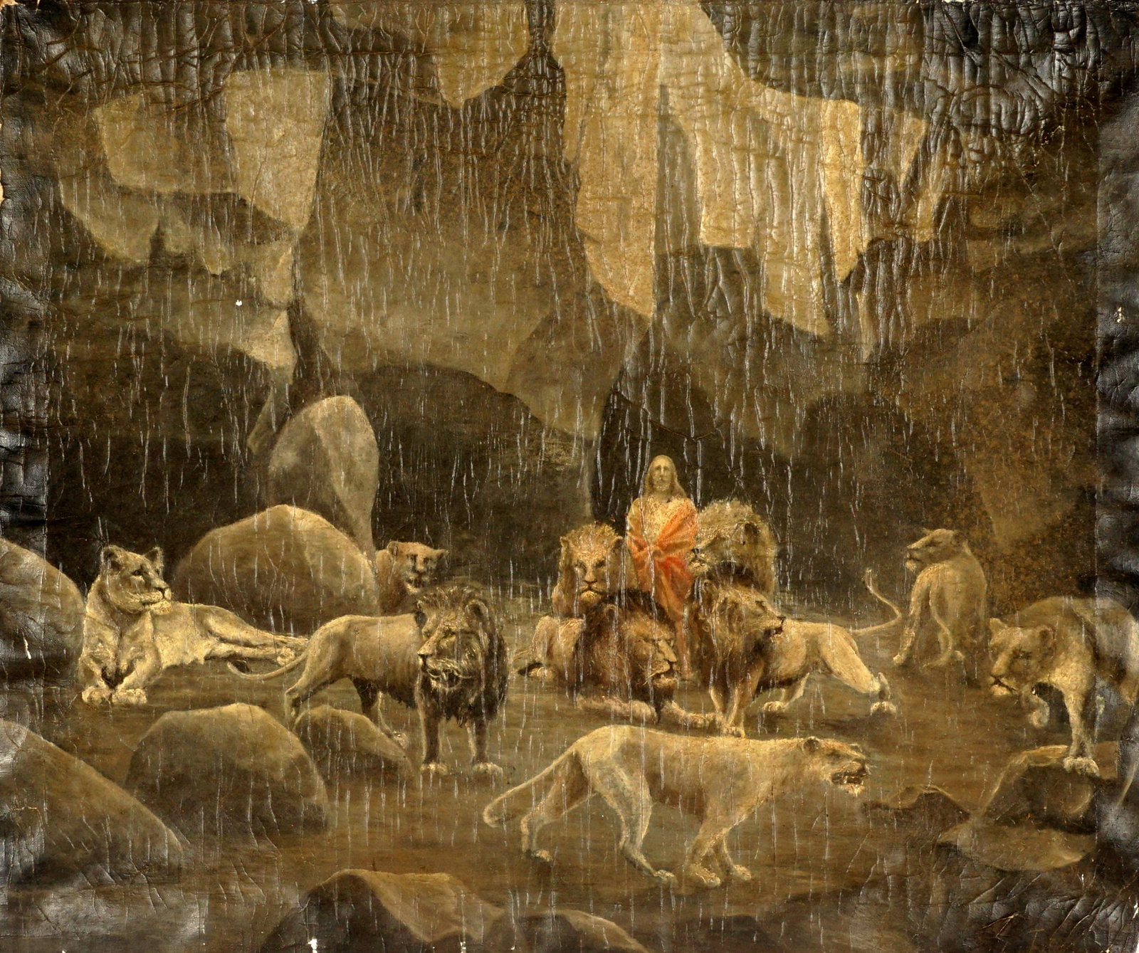 19th Century Daniel in the Lions Den Painting: 19th Century, Daniel standing in the lions den, Oil/Canvas, illegibly signed FLEM?? lower right, 35" x 29.25". Condition: In need of restoration and sold with all faults.