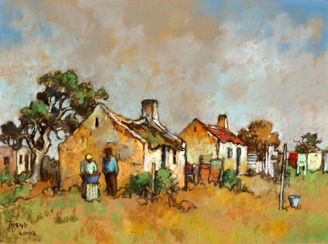 Conrad Theys South African Village Pastel: THEYS, Conrad, (South Africa, 1940-): South African village scene with figures and shanties, Pastel/Paper, signed and dated 2002 lower left, sight size 12.5" x 17", framed 27.5" x 31.5".
