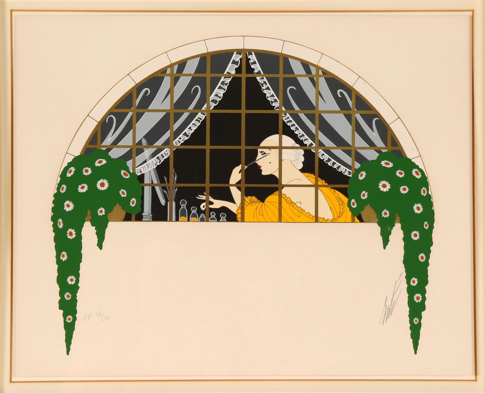 Erte "La Toilette" Serigraph: DE TIRTOFF, Romain "Erte", (Russian, 1892-1990): "La Toilette, Serigraph/Paper, pencil signed lower right, AP 46/50 lower left, 10.5" x 13.5", framed 22.25" x 24.25".