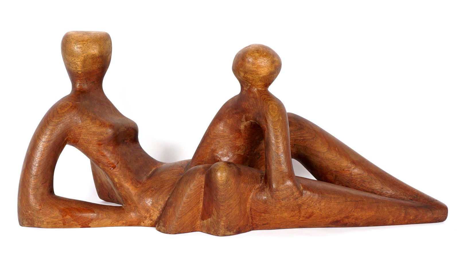 Noemi Schindler Mother and Child Wood Sculpture: SCHINDLER, Noemi, (Israeli, 20th Century): Modernist carved wood sculpture of a woman and child, artist label on base, overall 9.25" h. x 21.5" x 6.5". Condition: Uneven finish.