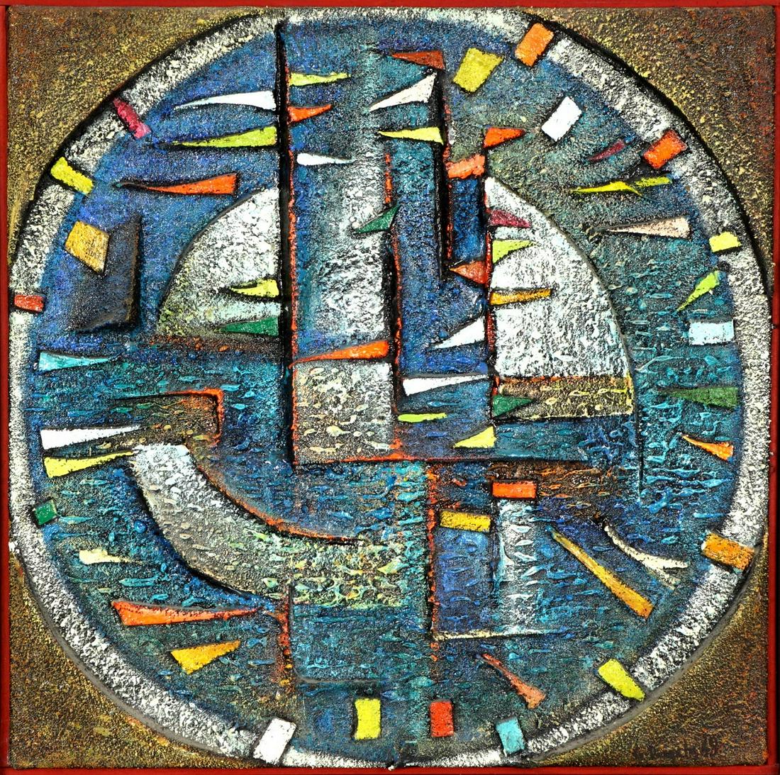 George Dergalis Mixed Media Abstract Painting: DERGALIS, George, (American, 1928-): Mixed media abstract composition on canvas, signed lower right, 16" x 16", framed 17.25" x 17.25". Condition: Chips to frame