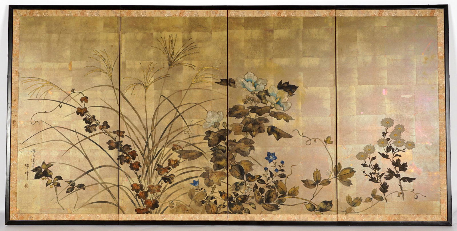 Japanese Four Panel Decorated Wall Screen: 20th Century, floral decorated four panel screen, silk embroidery border, overall 36.5" h. x 73.5".