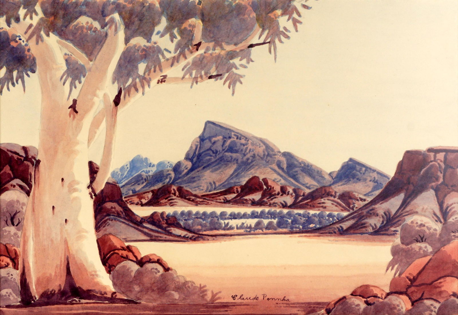 Claude Pannka Central Australian Watercolor: PANNKA, Claude, (Australian, 1928-1972): Aboriginal landscape with ghost gum trees and mountains, Watercolor, signed lower center, sight size 13.5" x 19.75", framed 17.25" 23.5". Not examined out of f