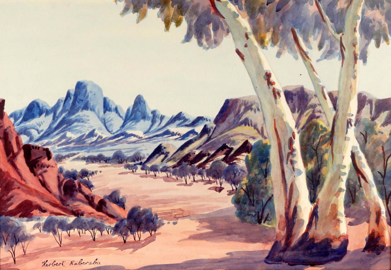 Herbert Raberaba Central Australian Watercolor: RABERABA, Herbert, (Australian, 1916-1975): Aboriginal landscape with ghost gum trees and mountains, Watercolor, signed lower left, sight size 13.5" x19.5", framed 17.25" x 23.5". Not examined out of