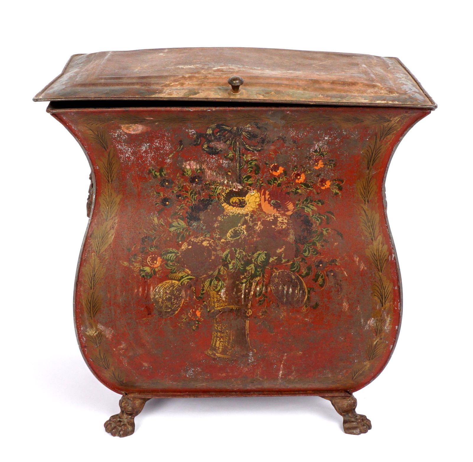 Large French Tole Painted Coal Scuttle: Toleware paint decorated bombe form coal scuttle, hinged lid, patinated cast metal handles and paw feet, overall 19" h. x 18.25" x 13.25". Condition: Paint loss, surface rust.