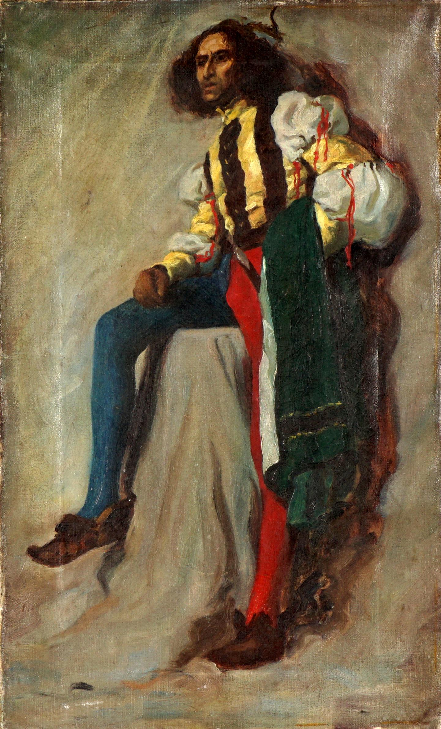 Manner of William Merritt Chase Troubadour: Figure of a troubadour holding a cape in the style of William Merritt Chase, Oil/Canvas, unsigned, 20" x 12", unframed. Condition: Craquelure, inpaint, patch repair verso, sold with all faults.