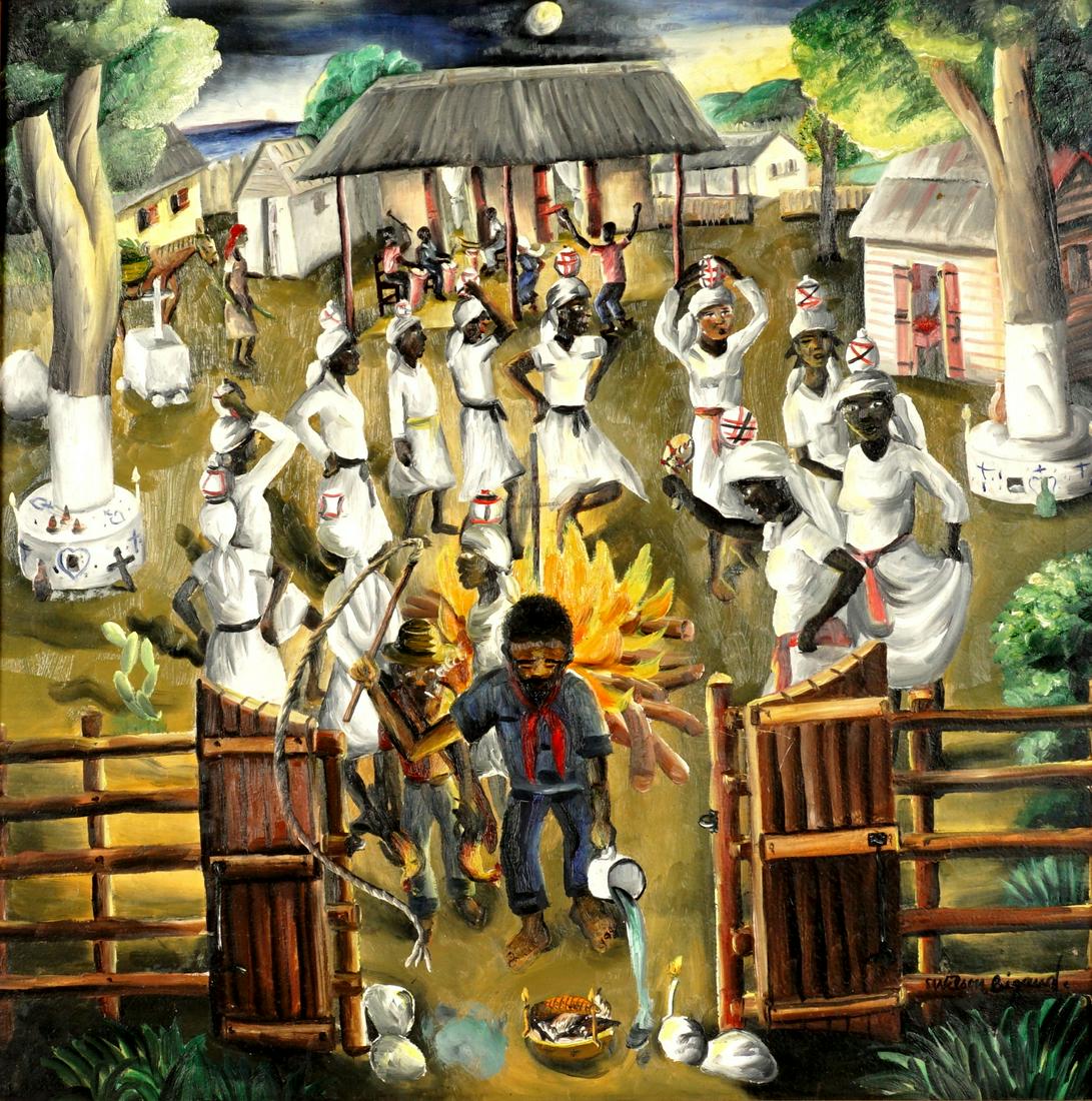 Wilson Bigaud Haitian Easter Ritual Dance Painting: BIGAUD, Wilson, (Haitian, 1931-2010): Scene of a Easter ritual dance, Oil/Masonite, signed lower right, 24" x 24", framed 29.25" x 29.25". Condition: Split lower right, several scratches.