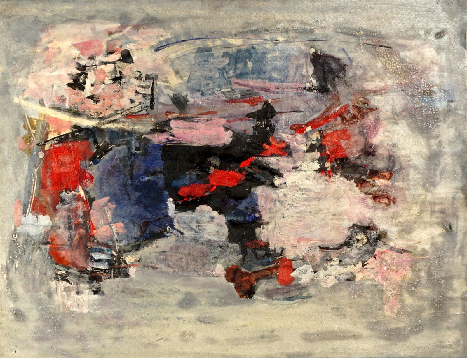 Illegibly Signed Abstract Painting Stoupet?: Abstract composition signed Stoupet? Maria? lower right, Oil/Masonite, 19.5" x 25.5", framed 28.25" x 34.75".