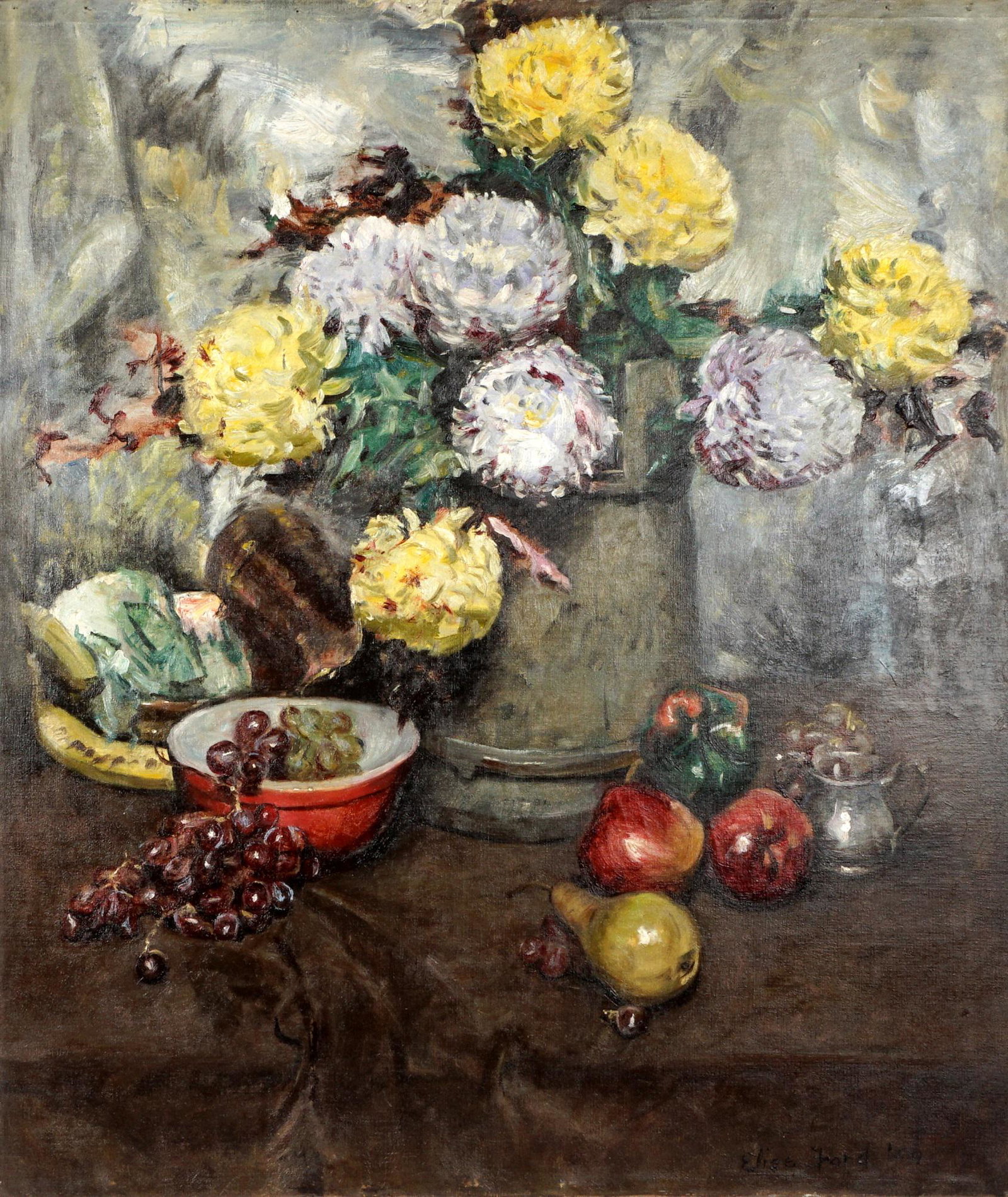 Elise Ford Floral Still Life Painting: FORD, Elise, (American, 20th Century): Floral still life with peonies in a bucket and fruit, signed lower right and dated '50, 35" x 30", unframed. Condition: Evidence of water damage verso, does not