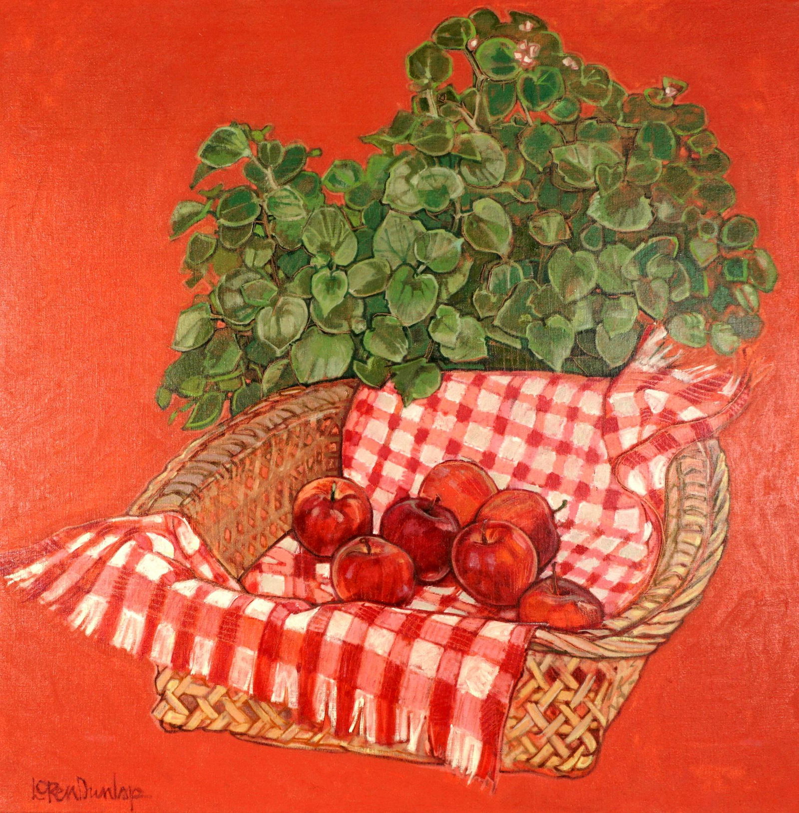 Loren Dunlap Still Life with Apples: DUNLAP, Loren, (American, 1932-): Still life with basket of apples and plant, Oil/Canvas, signed lower life, Walter Findlay and Arthur Feldman gallery labels verso, 42" x 42", framed 45.25" x 45.25".