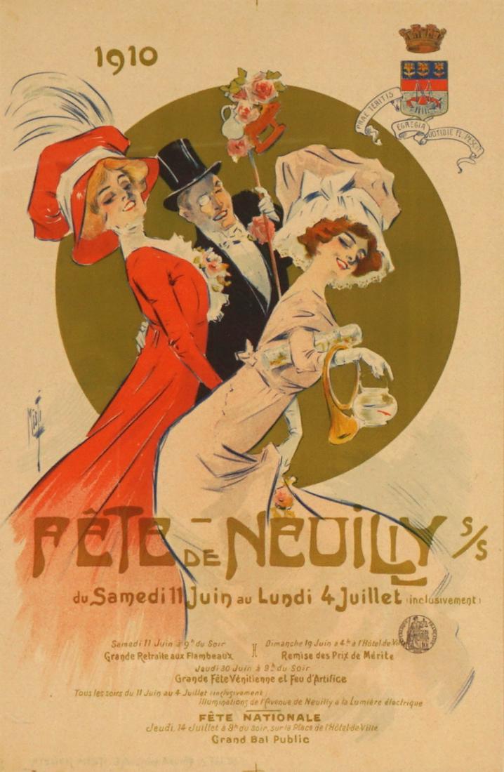 1910 Misti Fete de Neuilly Advertising Poster: MIFLIEZ, Ferdinand, aka MISTI, (French, 1865-1923): "Fete de Neuilly" advertising poster dated 1910, Lithograph in colors, 23" x 15", framed 30.5" x 20.5".