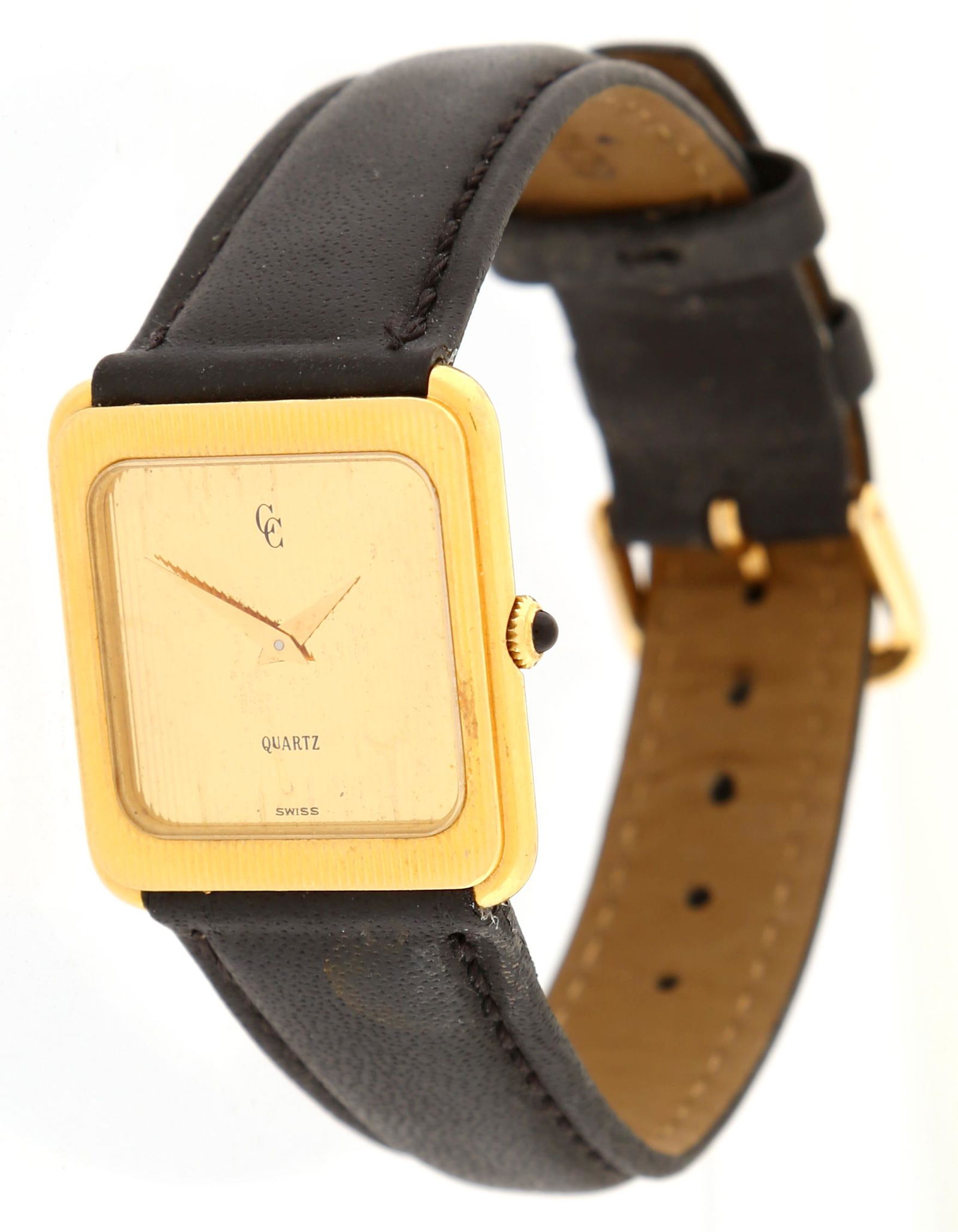 Concord 18k Gold Case Watch: Stamped 18k gold case and dial, marked with CC Concord logo, quartz movement, black leather band, 9.5". Condition: Spotting to dial, minor wear to band, currently not running.