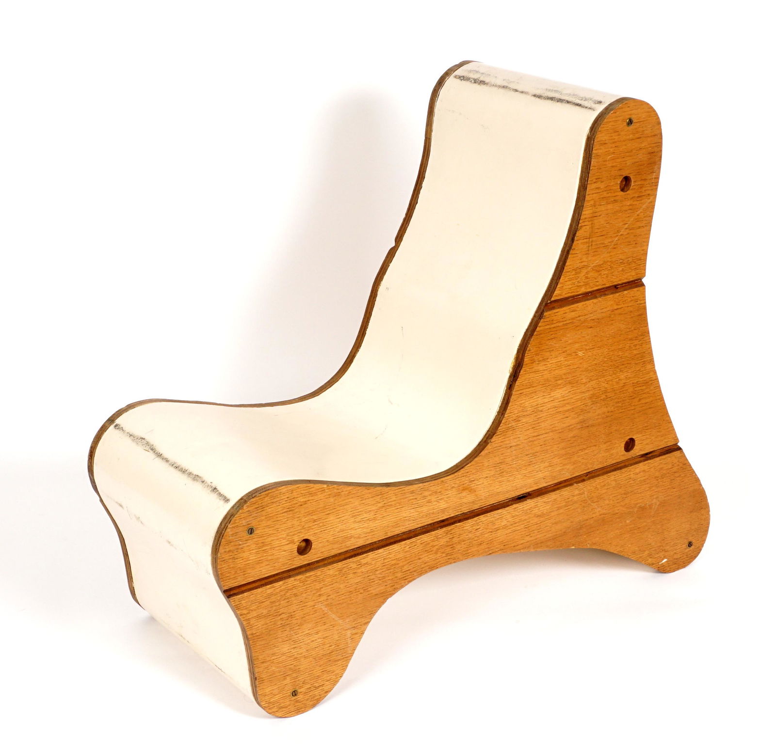 Attrib. Frederick Kiesler Multi Use Chair: Oak plywood and linoleum construction, attributed to Frederick Kiesler who designed these chairs for Peggy Guggenheim's "Art of this Century Gallery". Measure 33.25" h .x 15" x 40". Condition: Abrasio