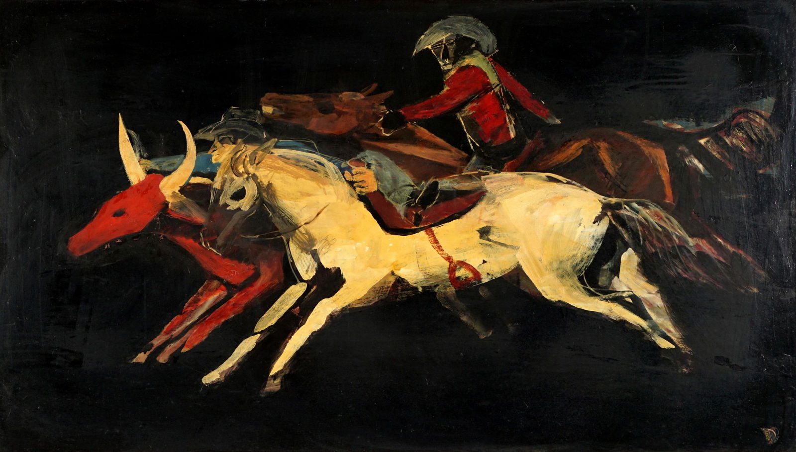 Large 1952 Victor Depauw Steer Wrestling Painting: DEPAUW, Victor, (American, 1902-1971): "Steer Wrestling", Oil/Masonite, cypher signed lower right, signed, dated , and titled verso, 47.75" x 27.5", framed 51.25" x 30.75".