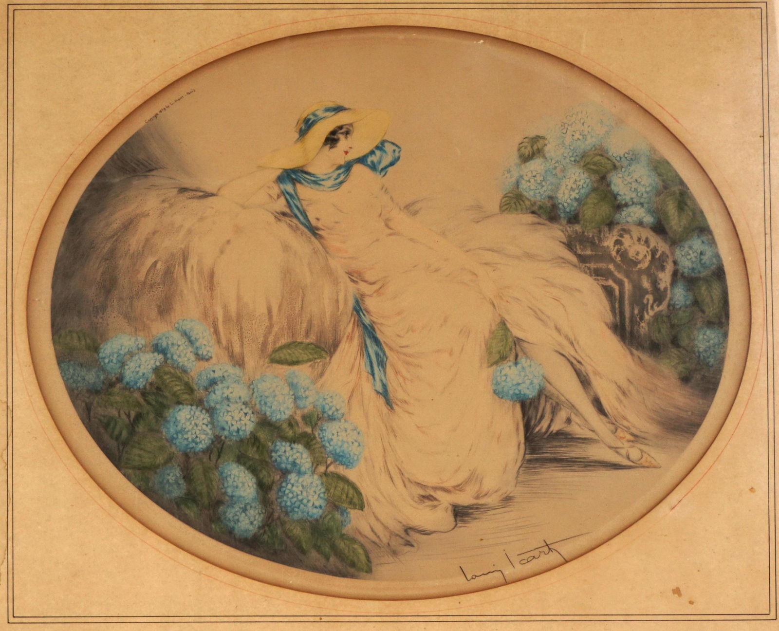 1929 Louis Icart Hydrangeas Engraving / Aquatint: ICART, Louis, (French/American, 188-1950): "Hydrangeas", reclining woman on couch, Etching/Aquatint, pencil singed lower right, Windmill blind stamp, sight size 17.25" x 21.75", framed 23.25" x 27.75"