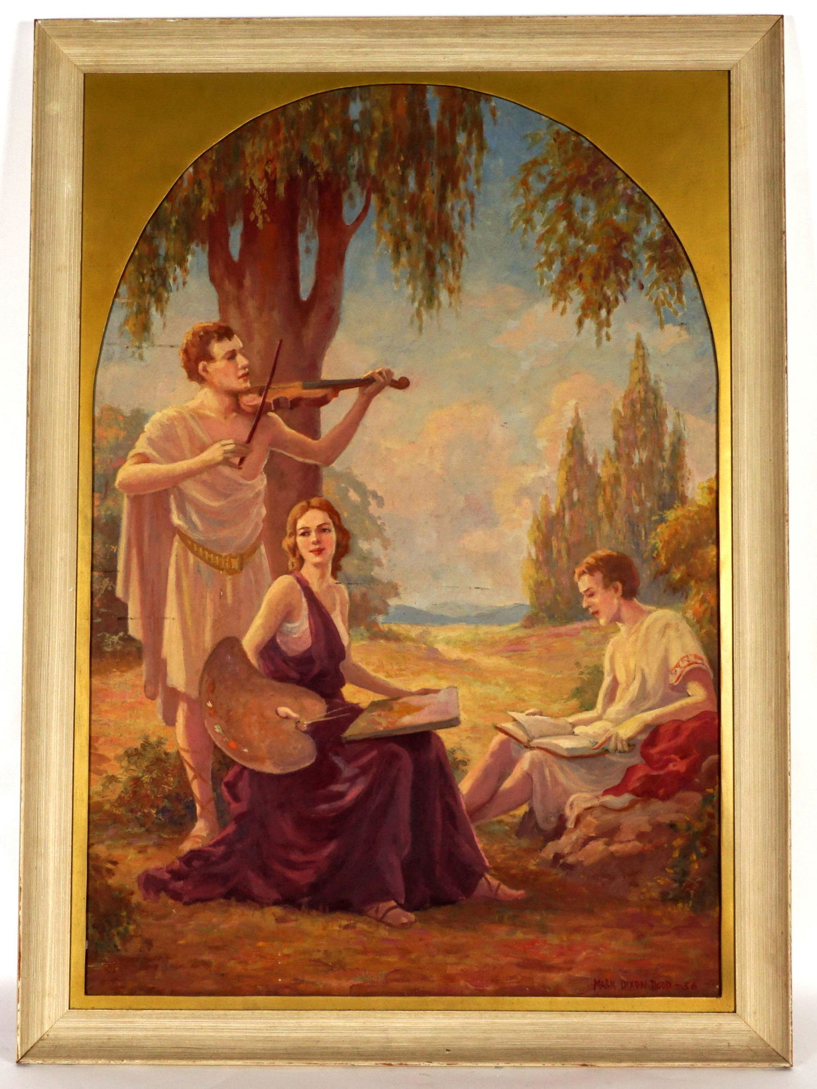 Large Mark Dixon Dodd Neoclassical Painting: DIXON DODD, Mark, (American, 1888-1952): Neoclassical scene with artist, scholar, and musician, Oil/Board, signed lower right, 51.5" x 36", framed 54.5" x 39.5". Condition: Several scratches and black