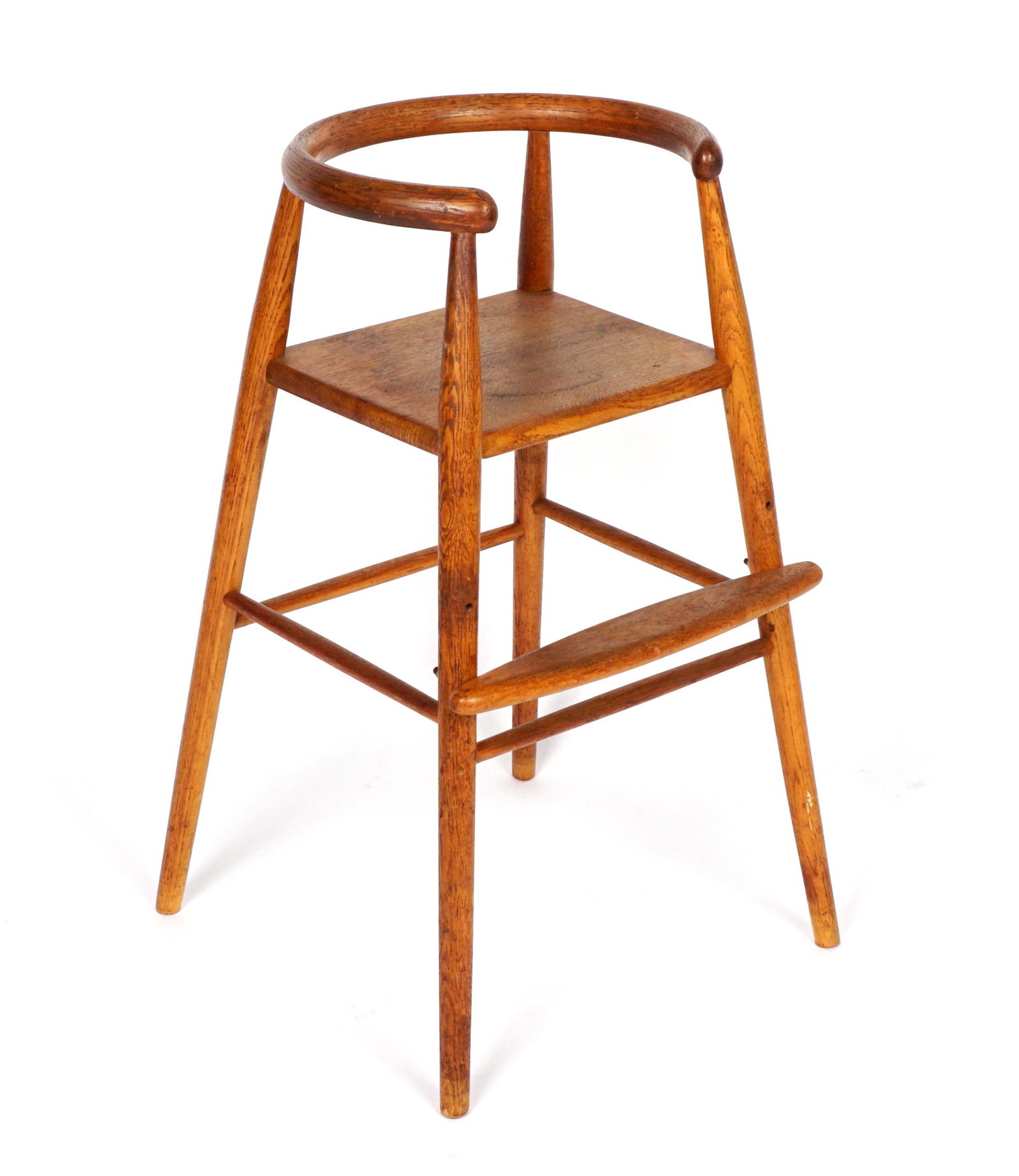 Vintage Illums Bolighus Childs High Chair: Mid Century child's high chair by Danish maker Illums Bolighus, horseshoe back, tapered legs and stretchers, label under seat, 27.5" h. x 16.75" x 17.25".