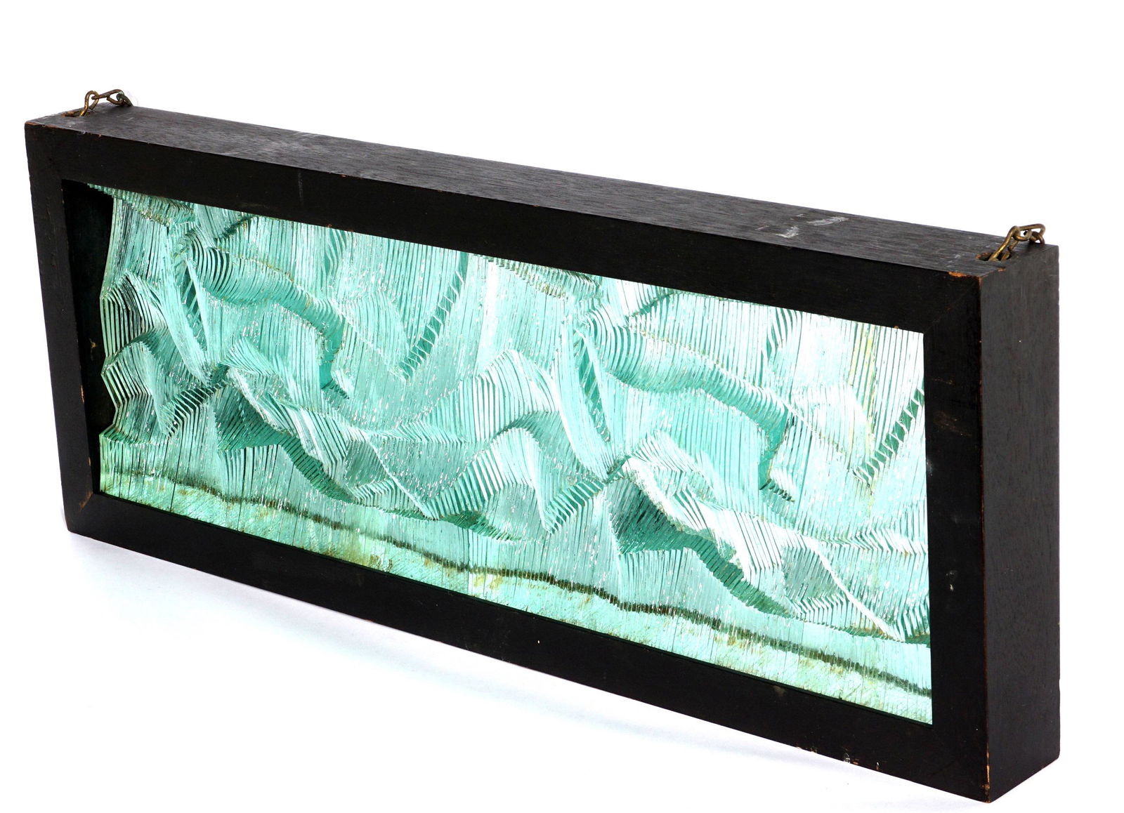 Attrib. Niyoko Ikuta Framed Glass Sculpture: Attributed or manner of IKUTA, Niyoko, (Japanese, 20th Century): Freeform layered glass panels, no visible signature, 26.25" x 8.5", framed 29" x 11.25". Condition: Several chips to glass, scratches t