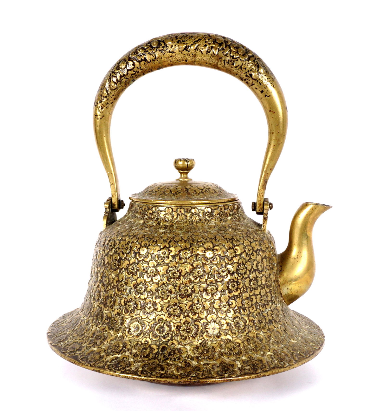Large Japanese Gilt Bronze Teapot / Kettle: Articulated handle, floriform lid finial, repeating floral decoration all over, measures 14" h. with handle raised, 9" h. with handle lowered x 12.25".