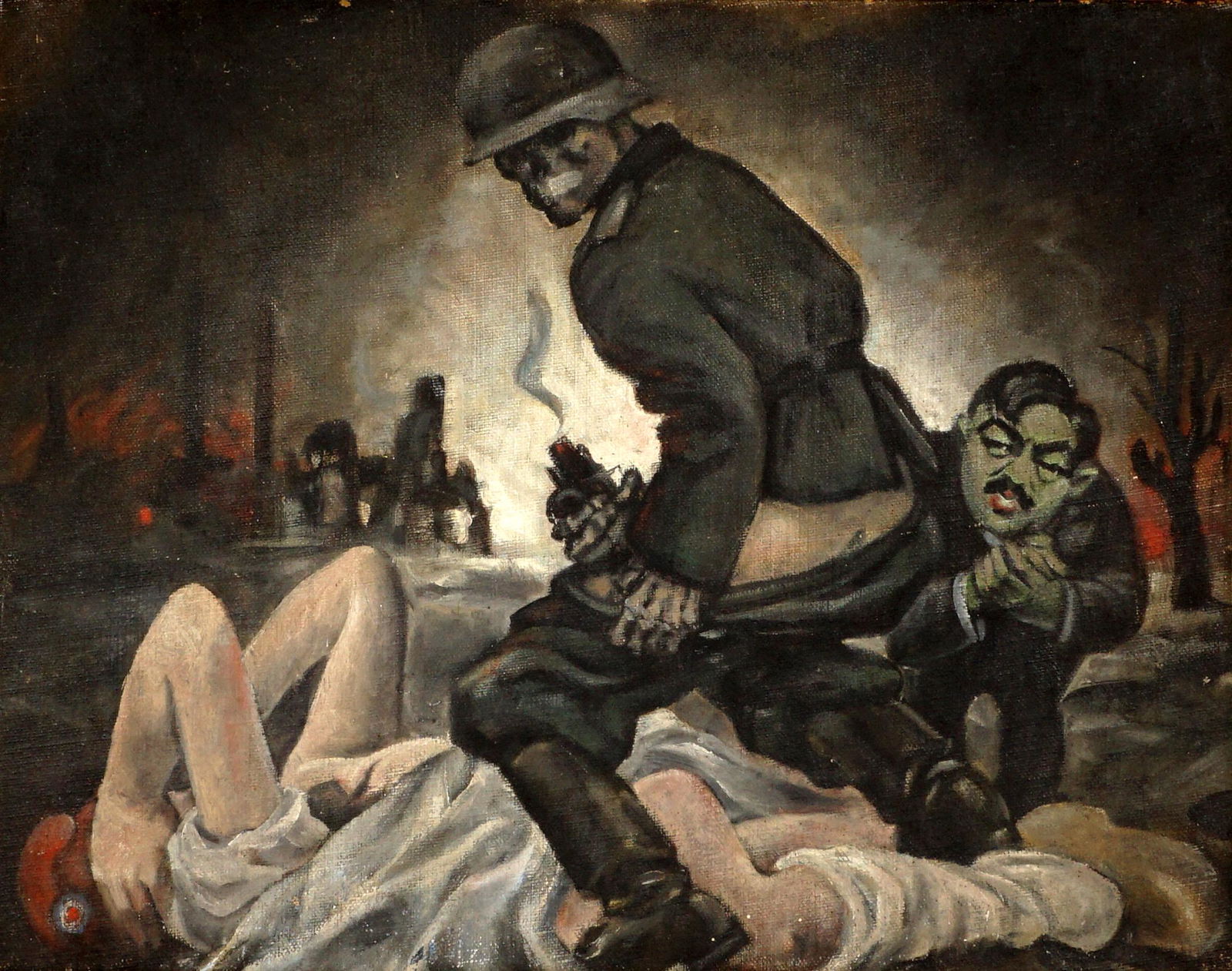 Attrib. Victor Candell "The Rape of France" Oil/CB: attrib. CANDELL, Victor, (American, 1903-1977): Political painting depicting German solder removing his pants over a woman figure, Hitler? looking on from behind, Oil/Canvasboard, 13.75" x 17.25", fra